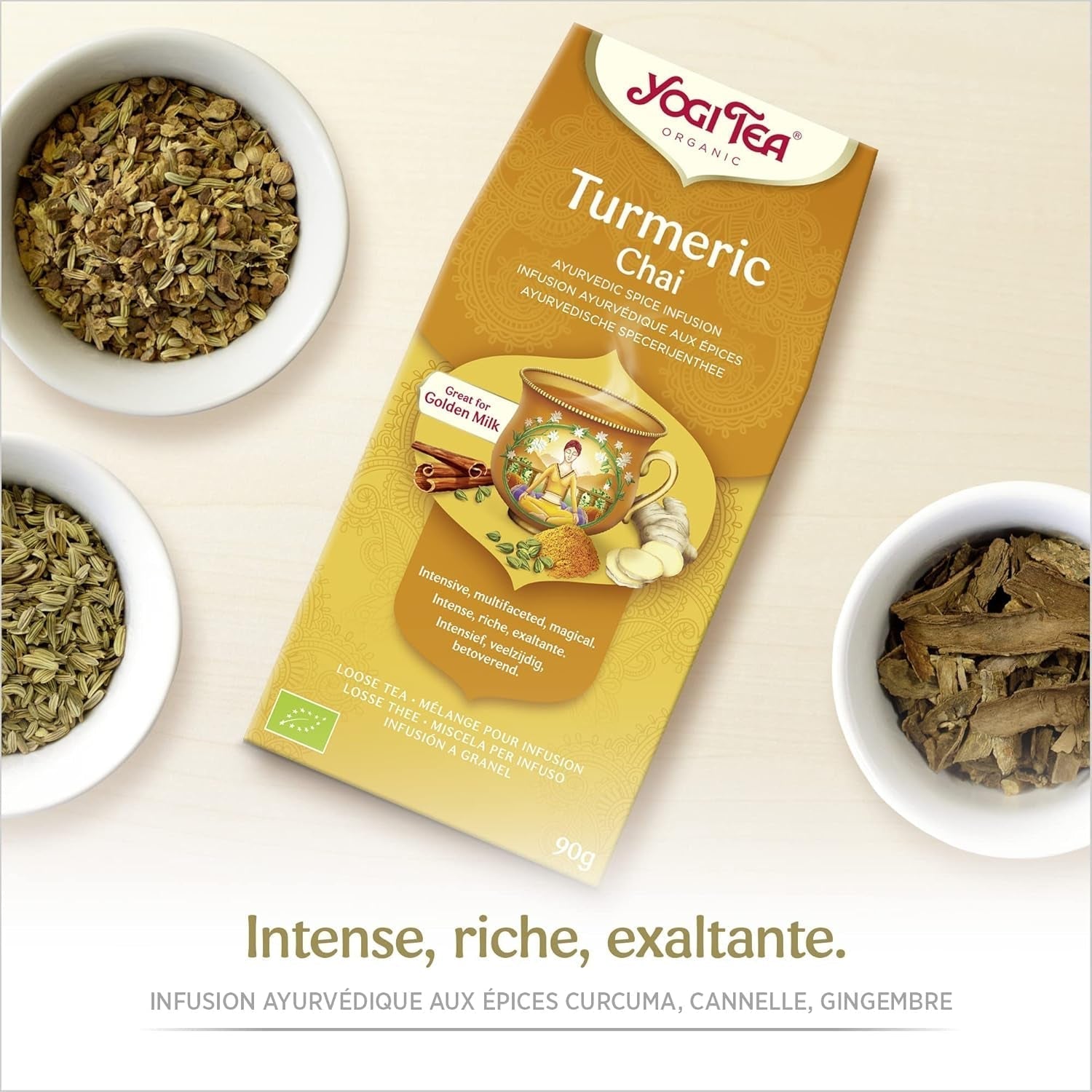 Yogi Tea - Thé ayurvédique épicé bio Kurkuma Chai sans caféine mélange de curcuma, cannelle et gingembre Yogi Tea en vrac 8 x 90 g (720 g) paquet cadeau idéal