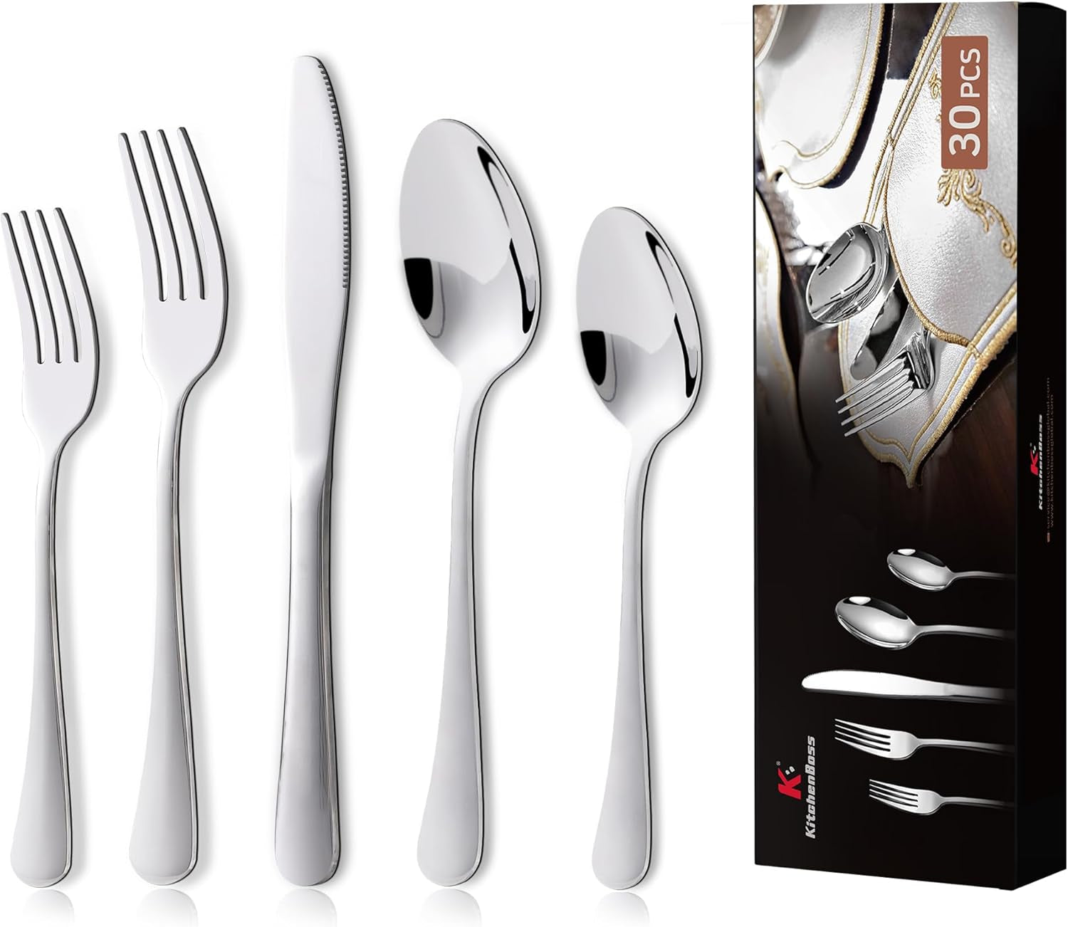 Ménagère Kitchenboss pour 6 personnes : Ménagère 20 ou 30 pièces Kitchen Naty Shop Argent 30 pièces