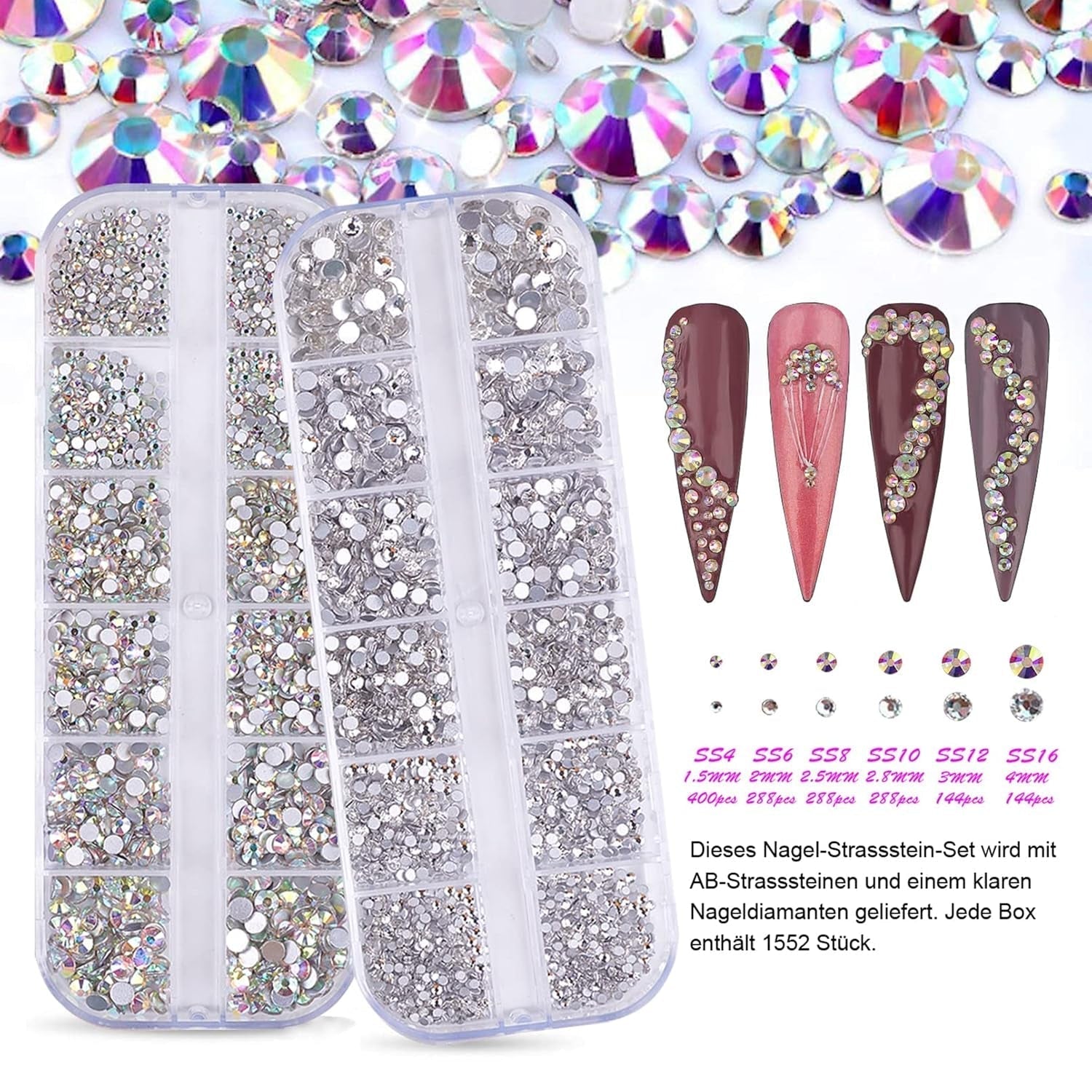 FITDON Ensemble de 3200 Pierres à Ongles Pierres AB en Verre Multiformes et Pierres AB à Paillettes de Diamant Transparent pour Décoration Nail Art Kits de Bricolage Bijoux Porte-clés Accessoires pour Ongles