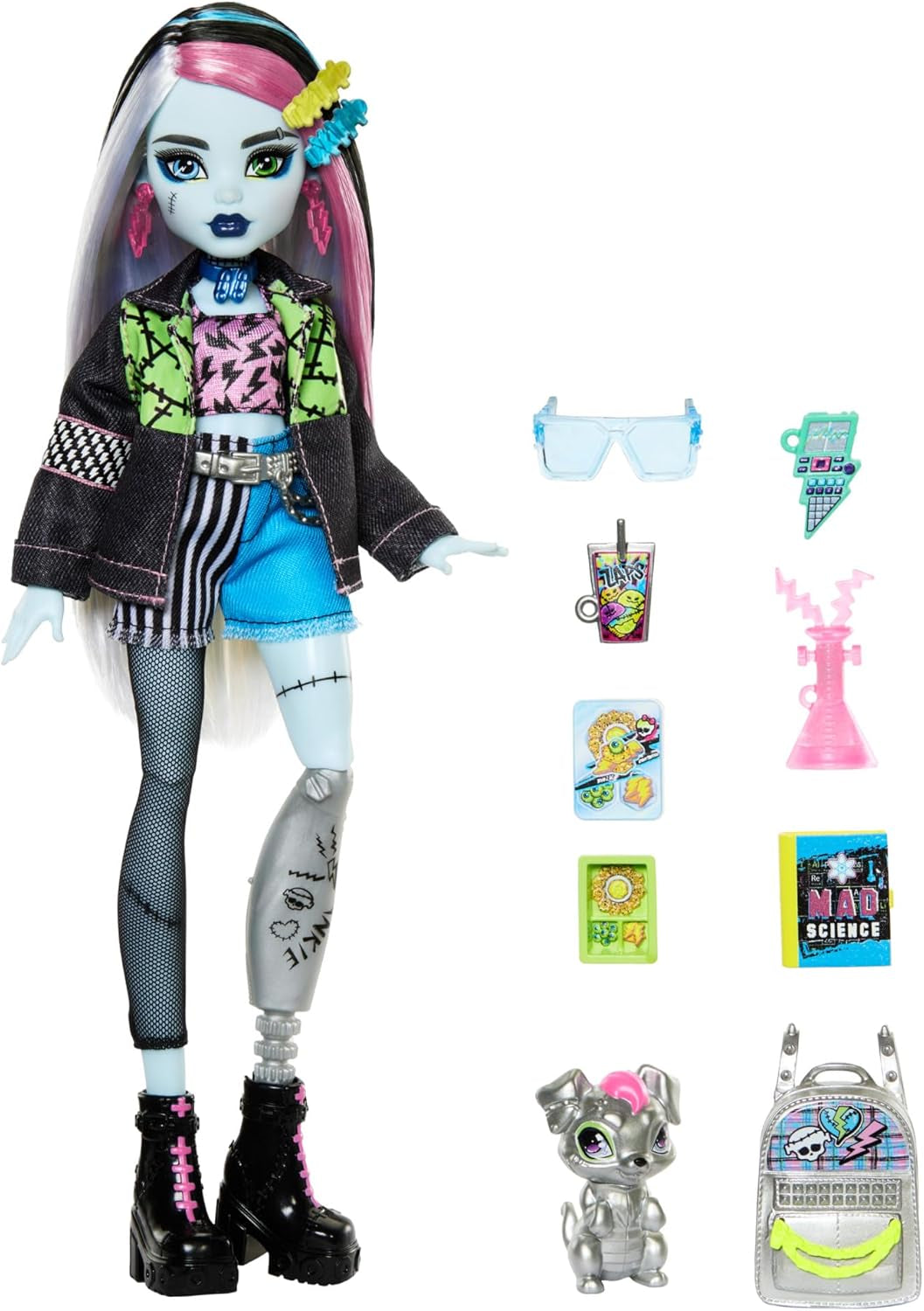 Poupée Monster High Frankie Stone en veste en jean et short, comprend un chien Watzie et des accessoires tels qu'un sac à dos, une collation et un carnet, HXH73 Naty Shop Dolls