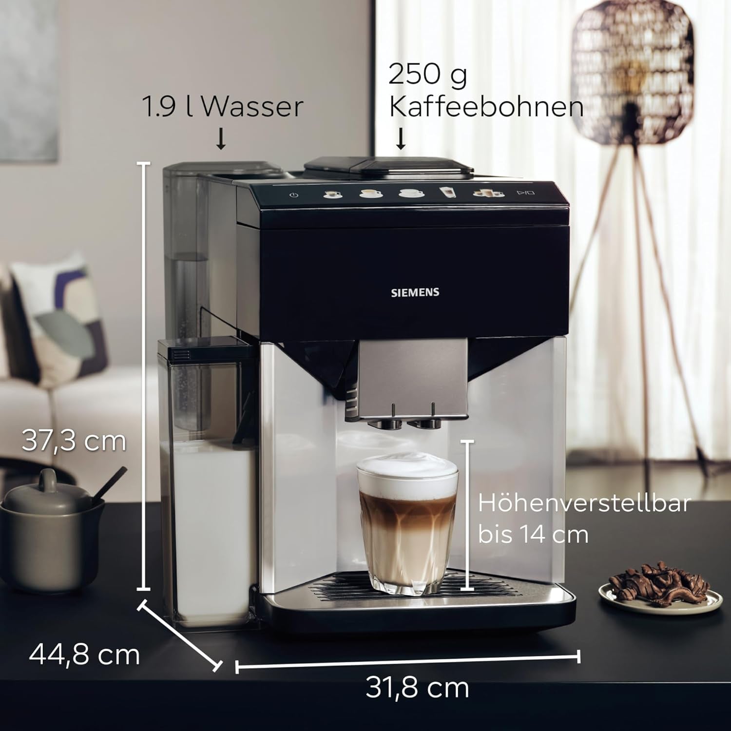 Machine à expresso entièrement automatique Siemens EQ500 TQ513D01, nombreuses spécialités de café, mousseur à lait, réservoir de lait intégré, nettoyage automatique à la vapeur, 1500 W, argent clair naturel/noir piano