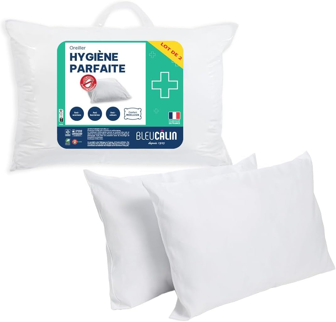 Bleu Câlin Lot de 2 oreillers rectangulaires anti-acariens, antibactériens, confort moelleux, T 60X60 Cm, 100% coton, assortiment hygiène parfaite Oreillers standards Naty Shop Forme rectangulaire 45 X 70 Cm