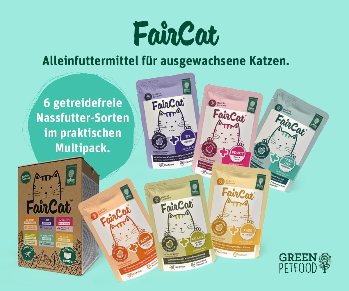 Aliments verts pour animaux de compagnie FairCat Multipack (6 x 85 g) | Adulte | Nourriture humide de qualité supérieure pour chats trop grands 6 verschiedenen leckere Sorten im Multipack | getreidefrei | Katzenfutter nass | paquet de 6