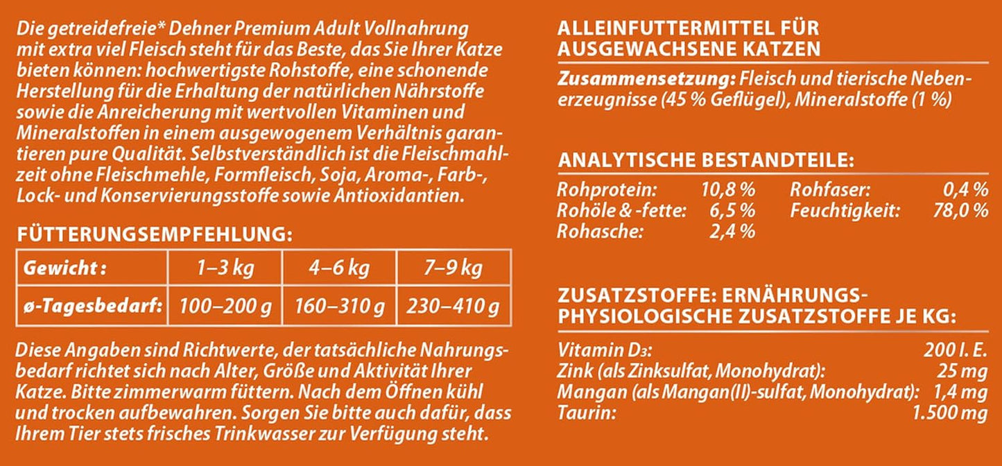 Dehner Premium nourriture humide pour chat, sans céréales, pour chat adulte, volaille, 6 boîtes de 400 g (2,4 kg)