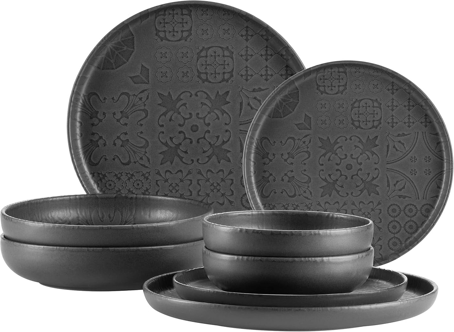 MÄSER 934064 Service de table moderne vintage pour 2 personnes, design mauresque avec vernis mat, service de table 8 pièces, assiettes et bols en céramique de haute qualité, grès, noir