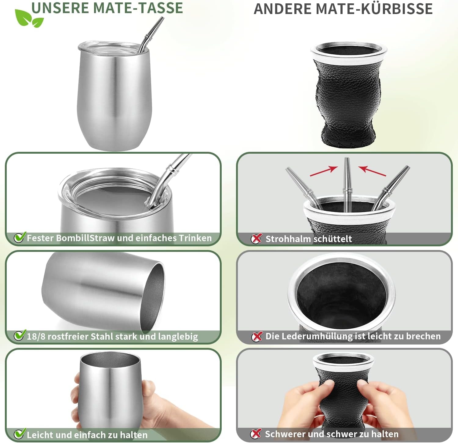Tasse Mate moderne 340 ml, ensemble de tasses isothermes à double paroi en acier inoxydable Yerba Mate, tasse à thé Mate avec couvercle sans BPA, bombillas et brosse de nettoyage (argent)