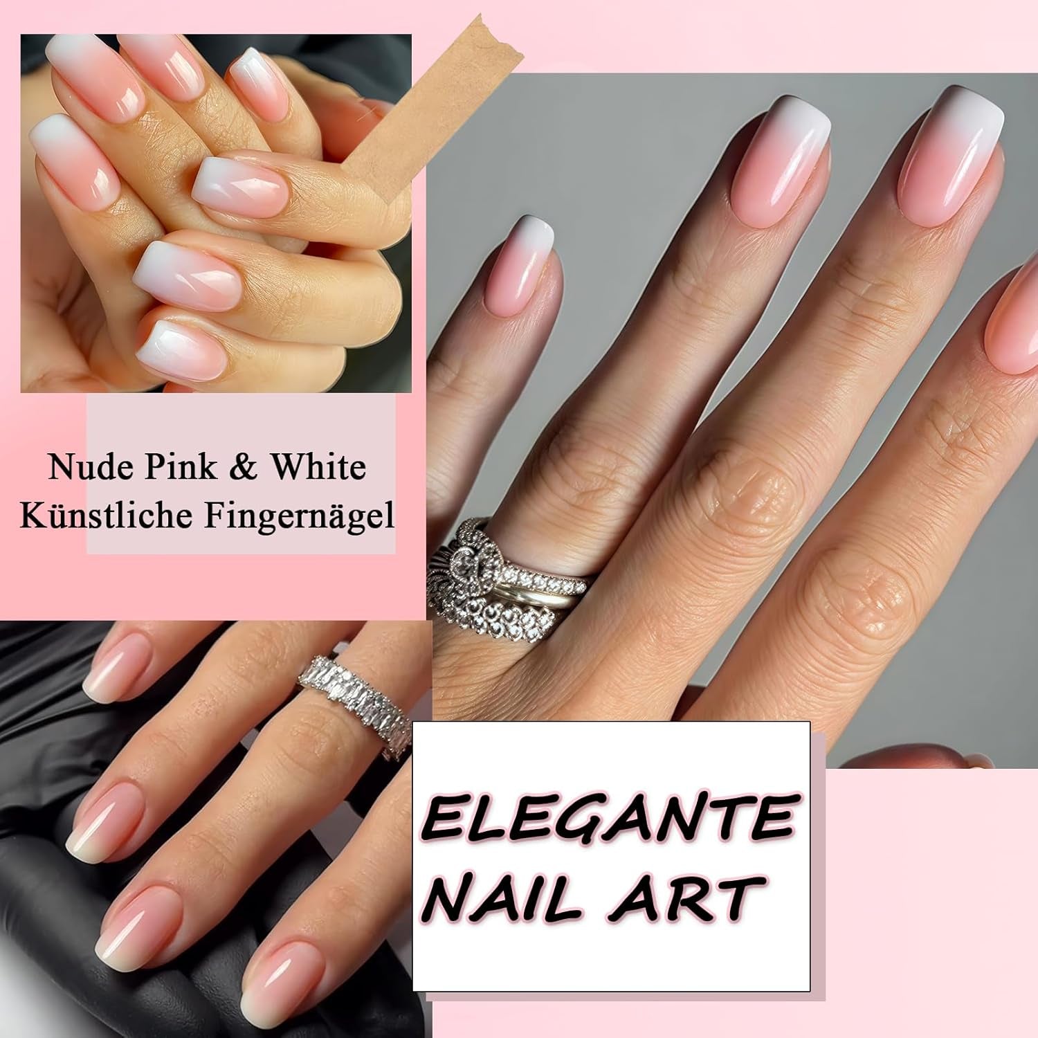 Kit de faux ongles 360 pièces – Faux ongles courts nus, rose, blanc, dégradé – Carré à coller sur faux ongles – Couverture complète, brillants, autocollants pour femmes et filles (carré)