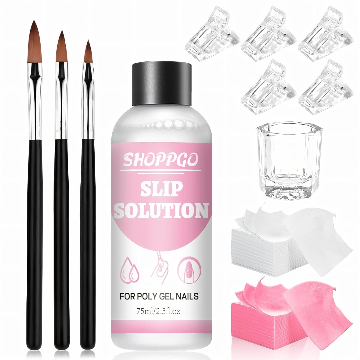 Solution de lissage Polygel, kit de solution de glissement Polygel, solution de lissage 75 ml, comprend 5 pinces à ongles, 3 brosses à ongles, 1 tasse en cristal, 100 feuilles de nettoyage