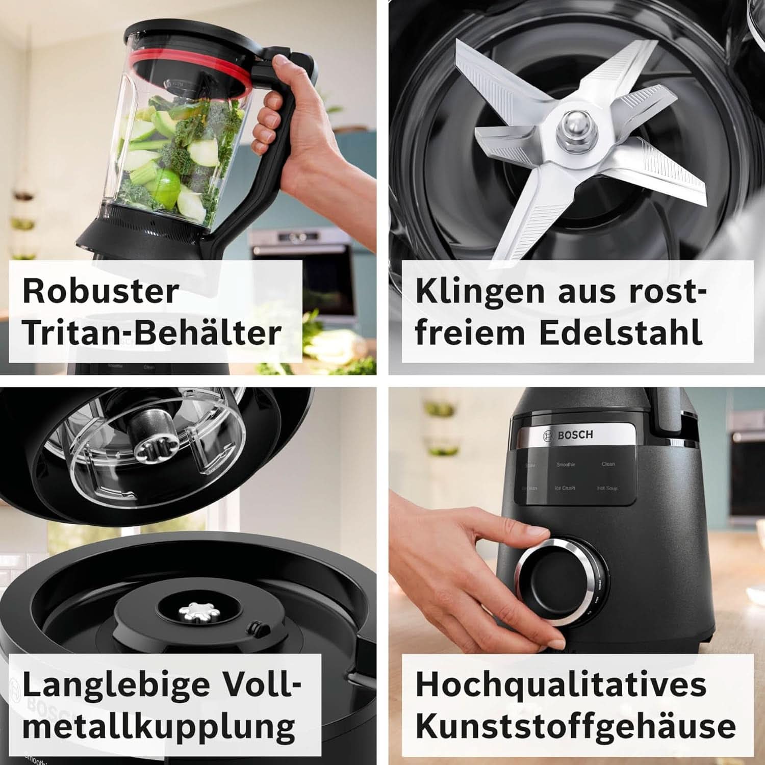 Batteur sur socle à grande vitesse Vitapower Serie 6 MMBD665B1, 45 000 tr/min, 6 programmes Inkl Heiße Suppe & Reinigung, 2 L Mixbehälter, Stopfer, Spülmaschinenfeste Teile, Made in Europe, 1800W, Schwarz Kitchen Naty Shop