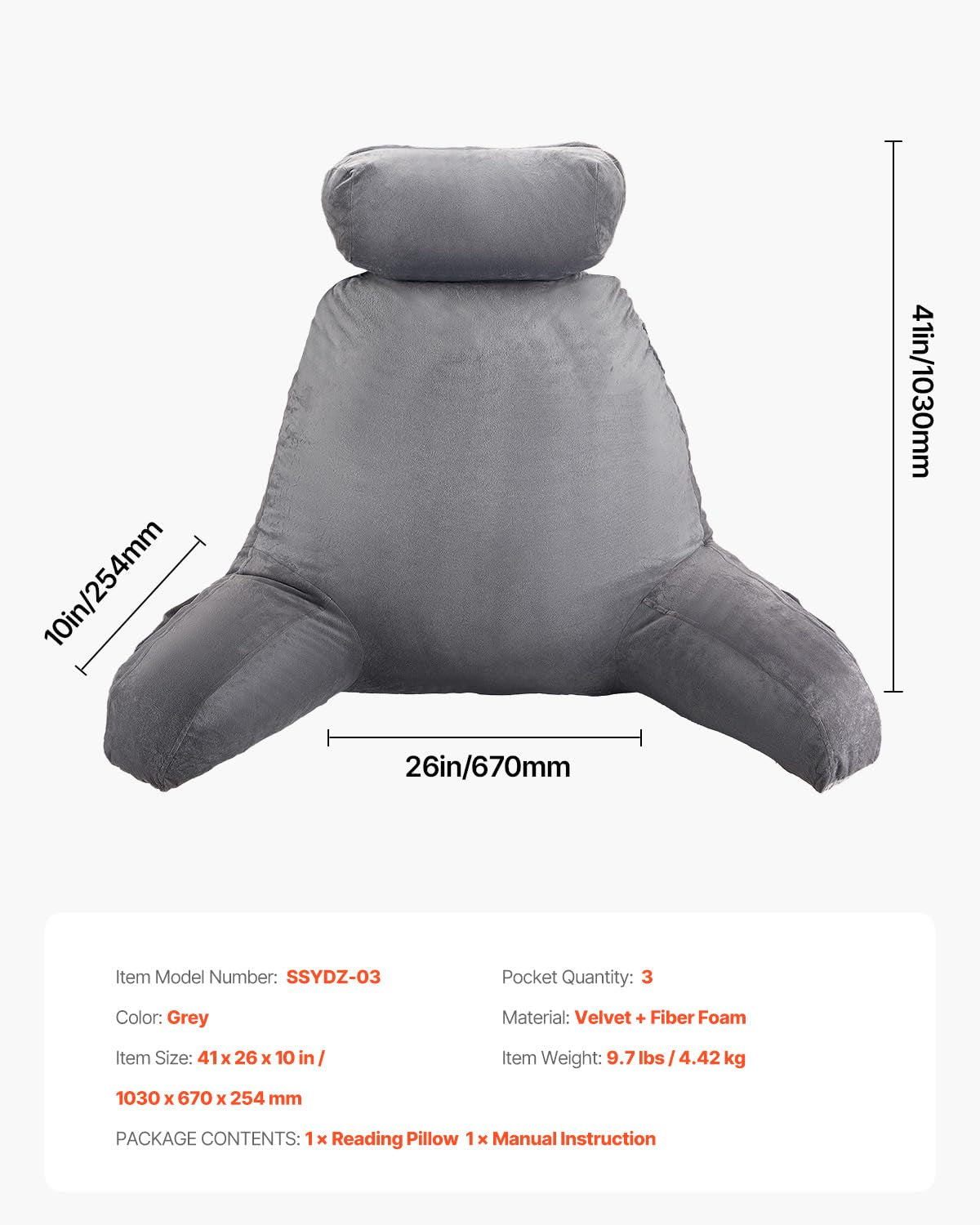 VEVOR Oreiller de lecture, oreiller de lit (grand) avec appui-tête amovible, oreiller de dos à 3 poches et tissu en velours court lavable et mousse à mémoire de forme déchiquetée, côté avec poignée, pour regarder la télévision, lire, jouer