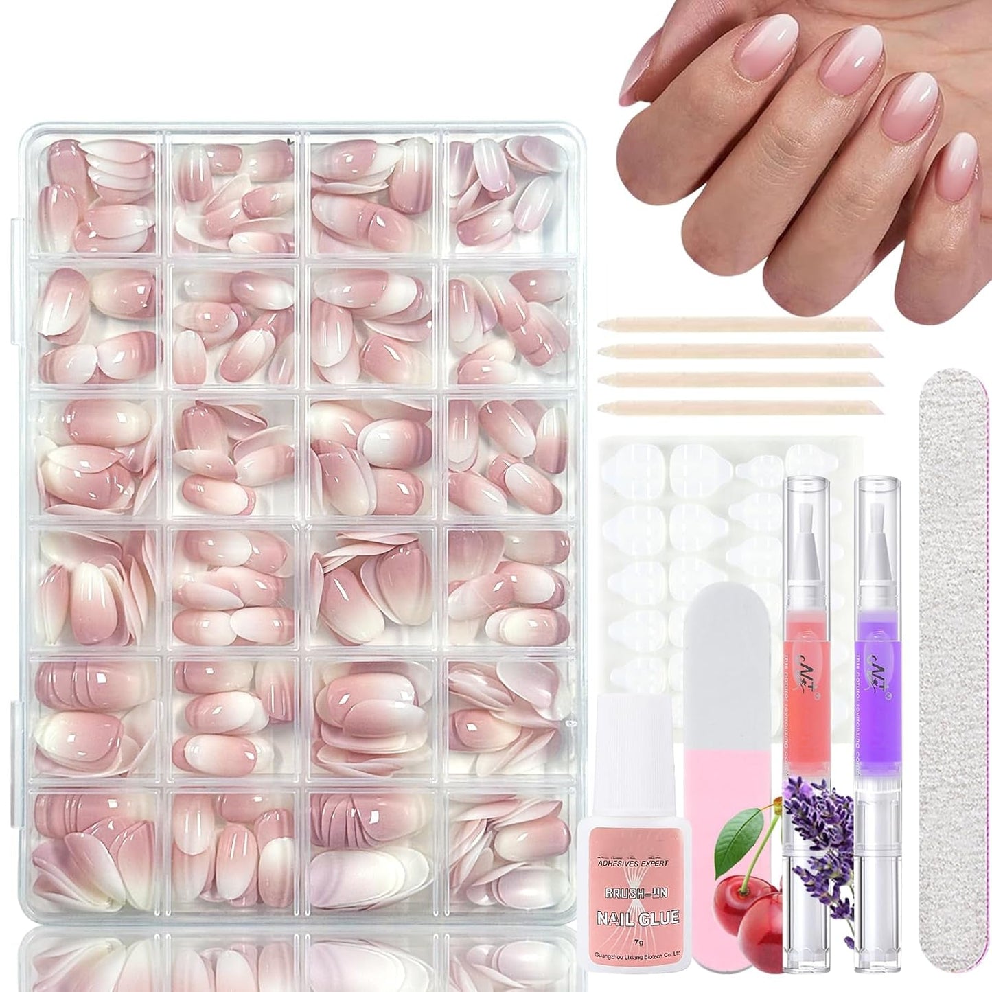 Ensemble de faux ongles ballerine dégradé 360 pièces, ongles artificiels à coller dégradé blanc rose avec 2 stylos à huile pour ongles, faux ongles moyens ombrés pour femmes à faire soi-même