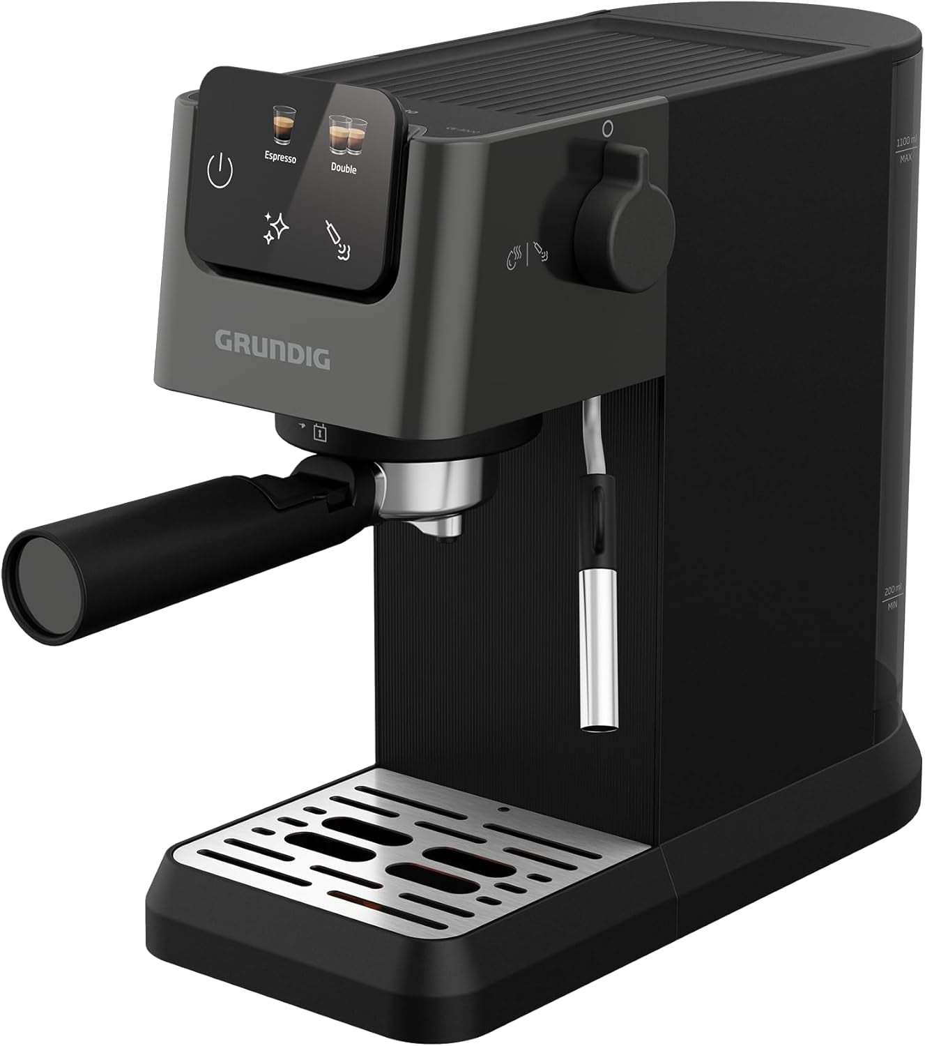 Machine à expresso porte-filtre GRUNDIG KSM 5330 avec réservoir à lait intégré, puissance 1628 W, pression de pompe 15 bar, double buse, écran tactile couleur, BrewSense, CreamyPro, acier inoxydable foncé/noir