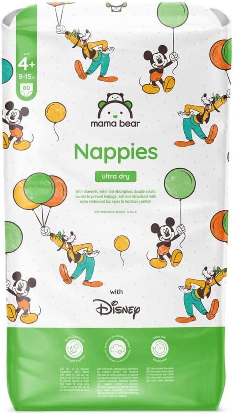 Couches Mama Bear Disney Ultra Dry taille 4 (8-14 kg), blanches, 84 pièces (1 paquet) Naty Shop taille 4+ (9-15 kg) paquet unique