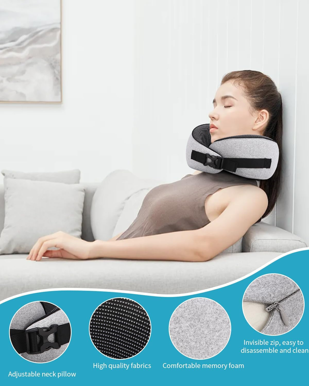Oreiller cervical d'avion, oreiller de voyage en mousse à mémoire de forme, oreiller cervical pour adulte, oreiller d'avion réglable et lavable, oreiller de voyage ergonomique (gris) Oreillers orthopédiques cervicaux Naty Shop