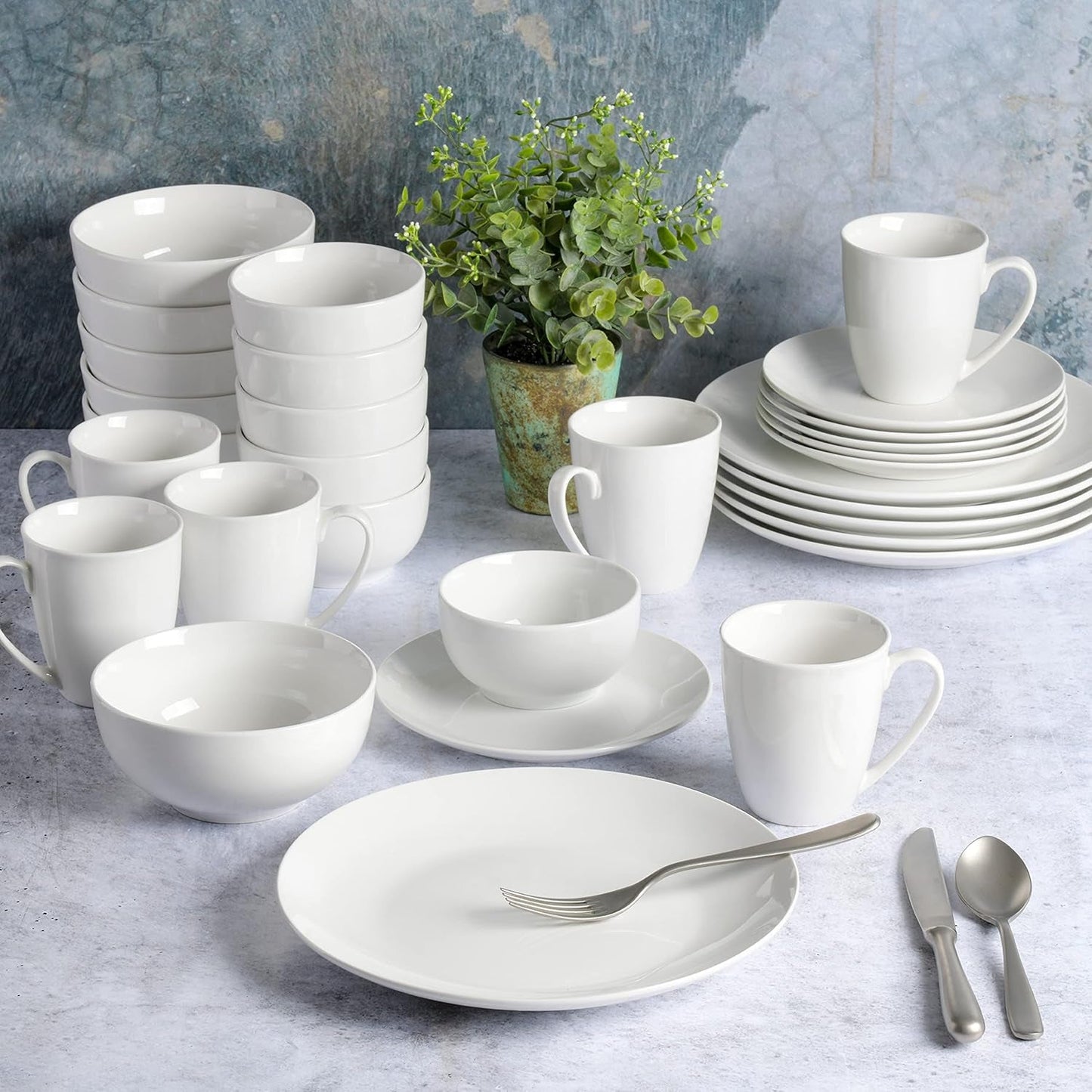 Service de table en porcelaine Zen Buffet, service pour 6 personnes (30 pièces), blanc (tasses)