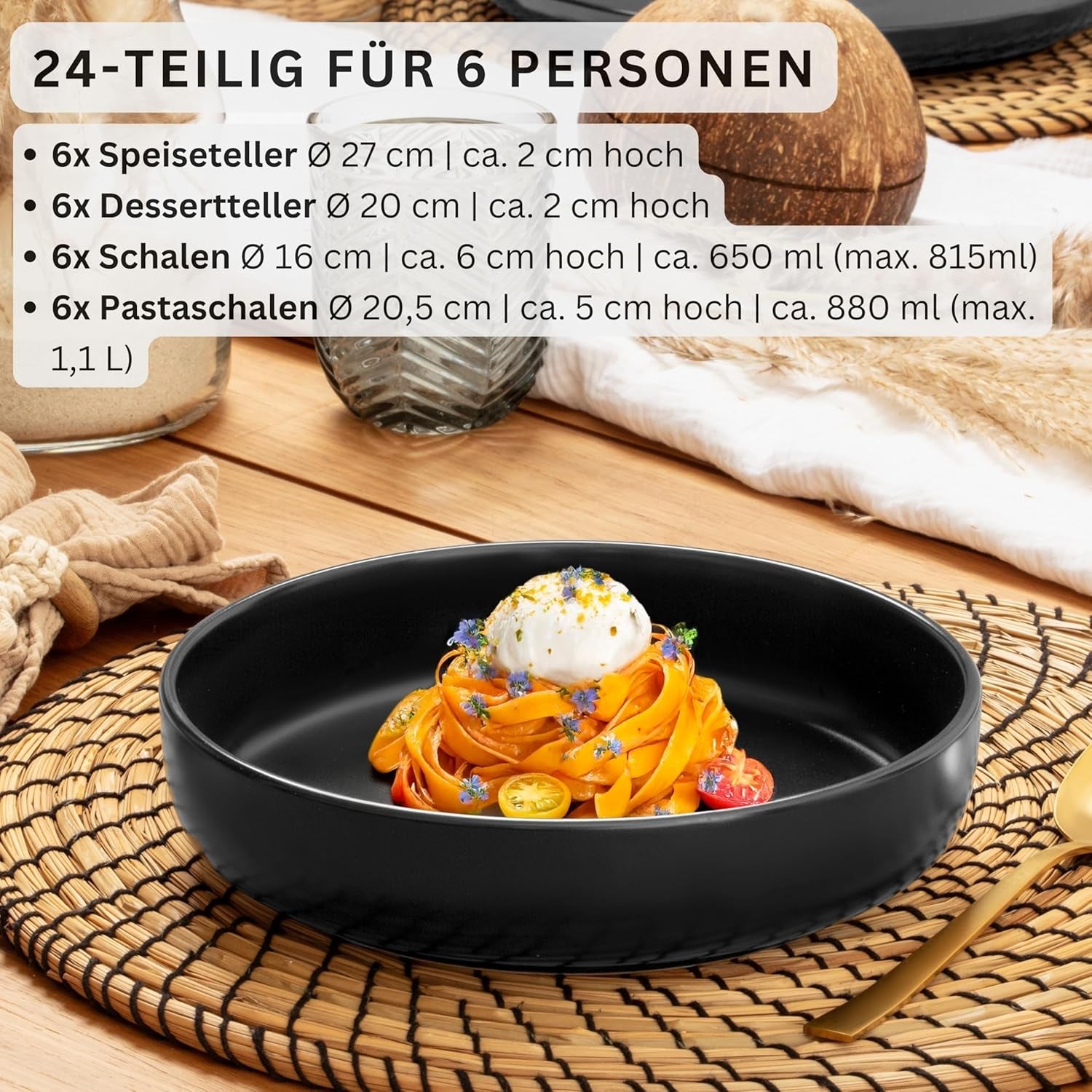 SÄNGER Madère | Service de table combiné 24 pièces, service de table en grès pour 6 personnes, 6 assiettes plates, 6 assiettes de petit-déjeuner, 6 assiettes plates, 6 bols à pâtes, ensemble de vaisselle et de bols, noir mat | LA COLLECTION VALEUR