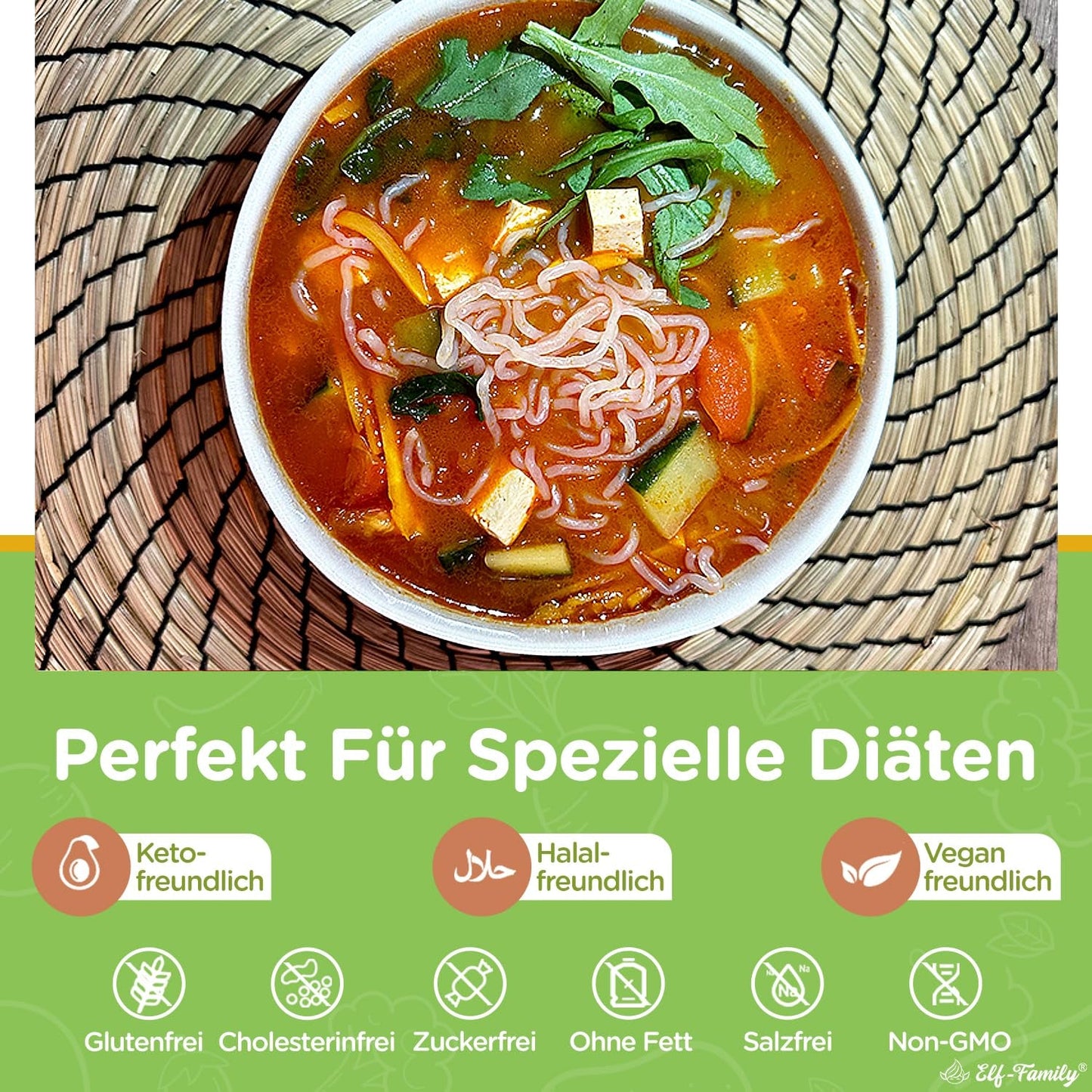 Elf-Family 270g x6er Box (paquet de 12) Bio Konjak Nudeln Ultra Low Carb Shirataki Nudeln Vegan Glutenfree-Instant Nudeln sans Kohlenhydrate/Keto/Kalorienarme/Fettfrei/Zuckerfrei -Spaghetti MHD : 12/11/2026