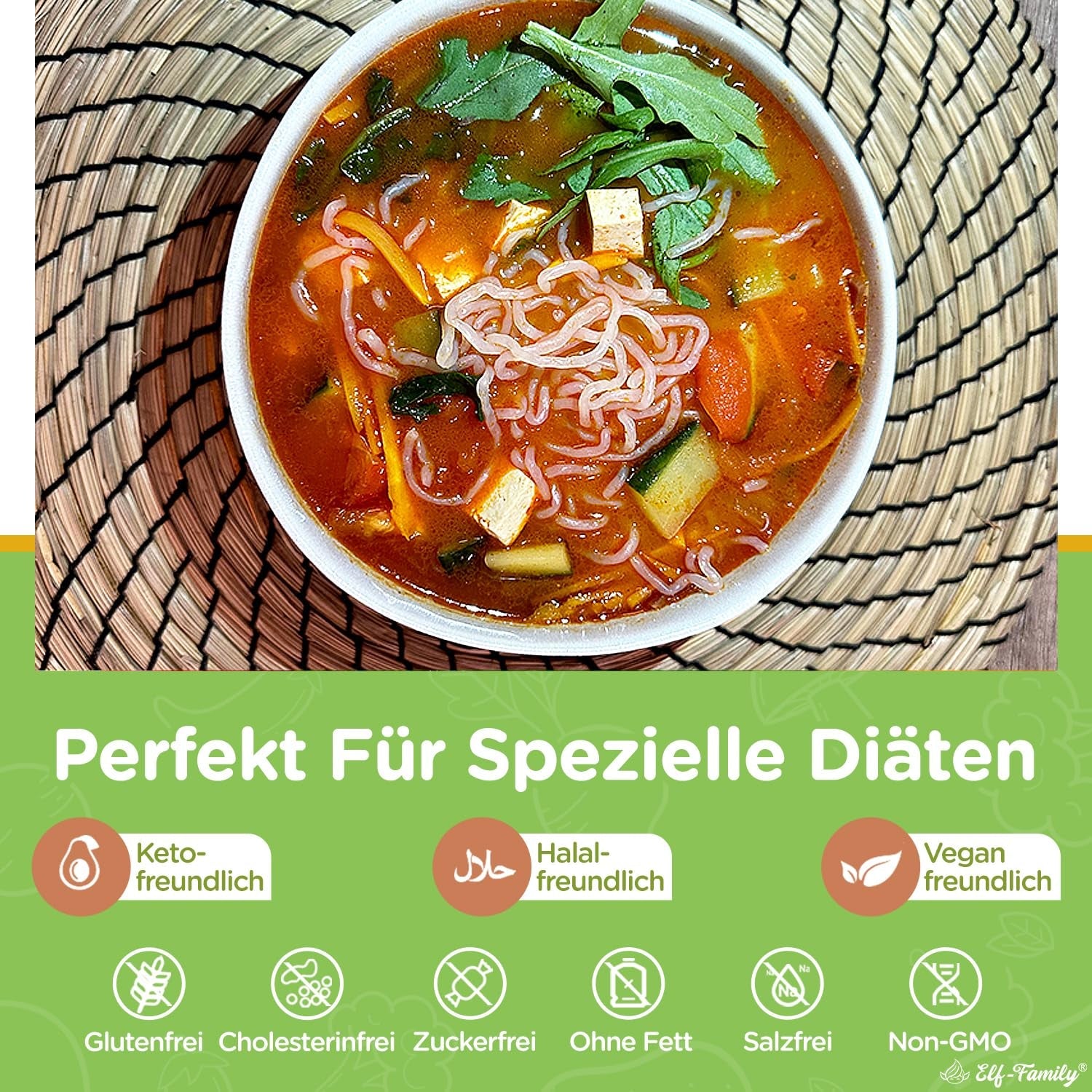 Elf-Family 270g x6er Box (paquet de 12) Bio Konjak Nudeln Ultra Low Carb Shirataki Nudeln Vegan Glutenfree-Instant Nudeln sans Kohlenhydrate/Keto/Kalorienarme/Fettfrei/Zuckerfrei -Spaghetti MHD : 12/11/2026