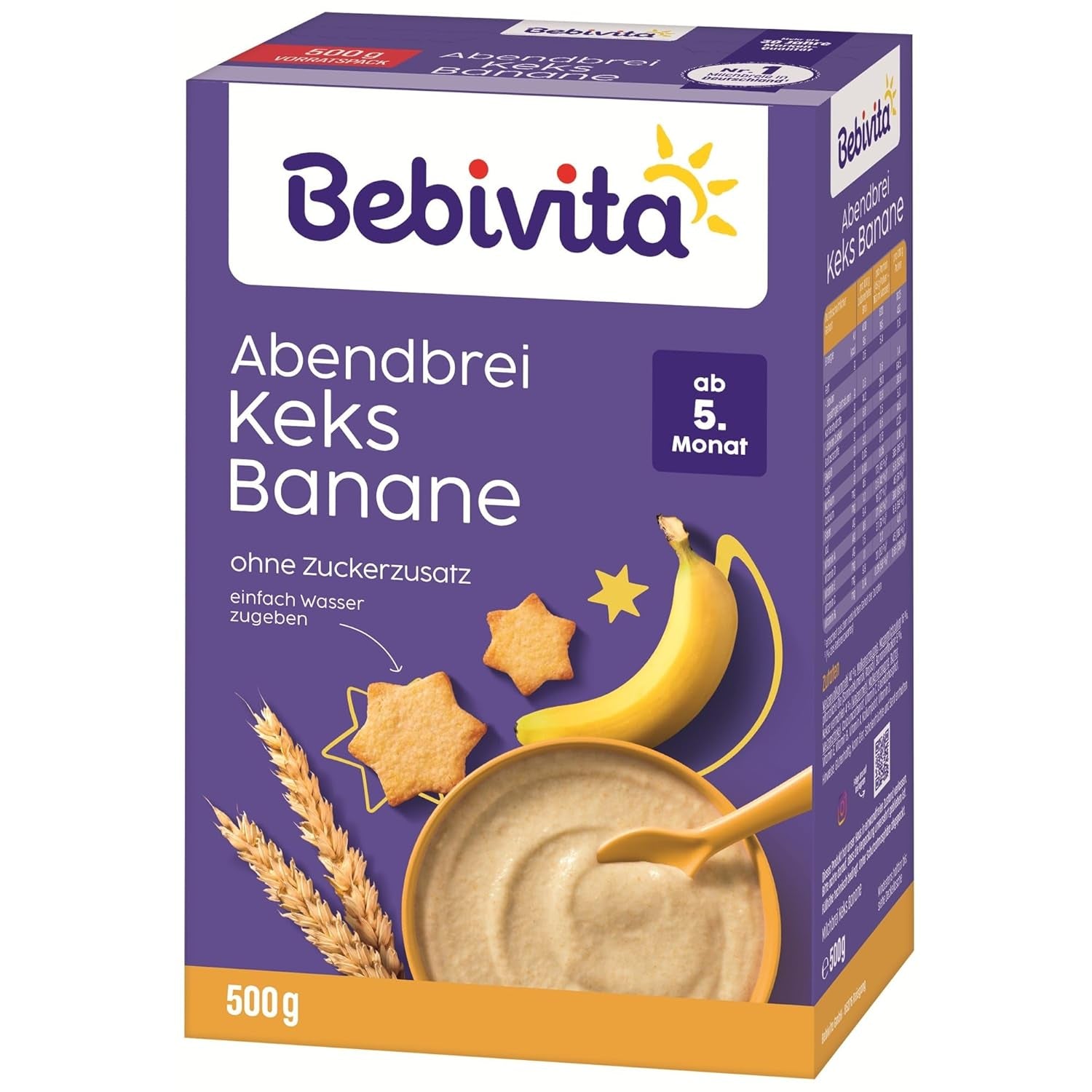 Bouillie du soir aux biscuits et bananes (4x500g), bouillie de lait à partir de 5 mois, sans sucre ajouté, avec minéraux et vitamines précieux, très nourrissante