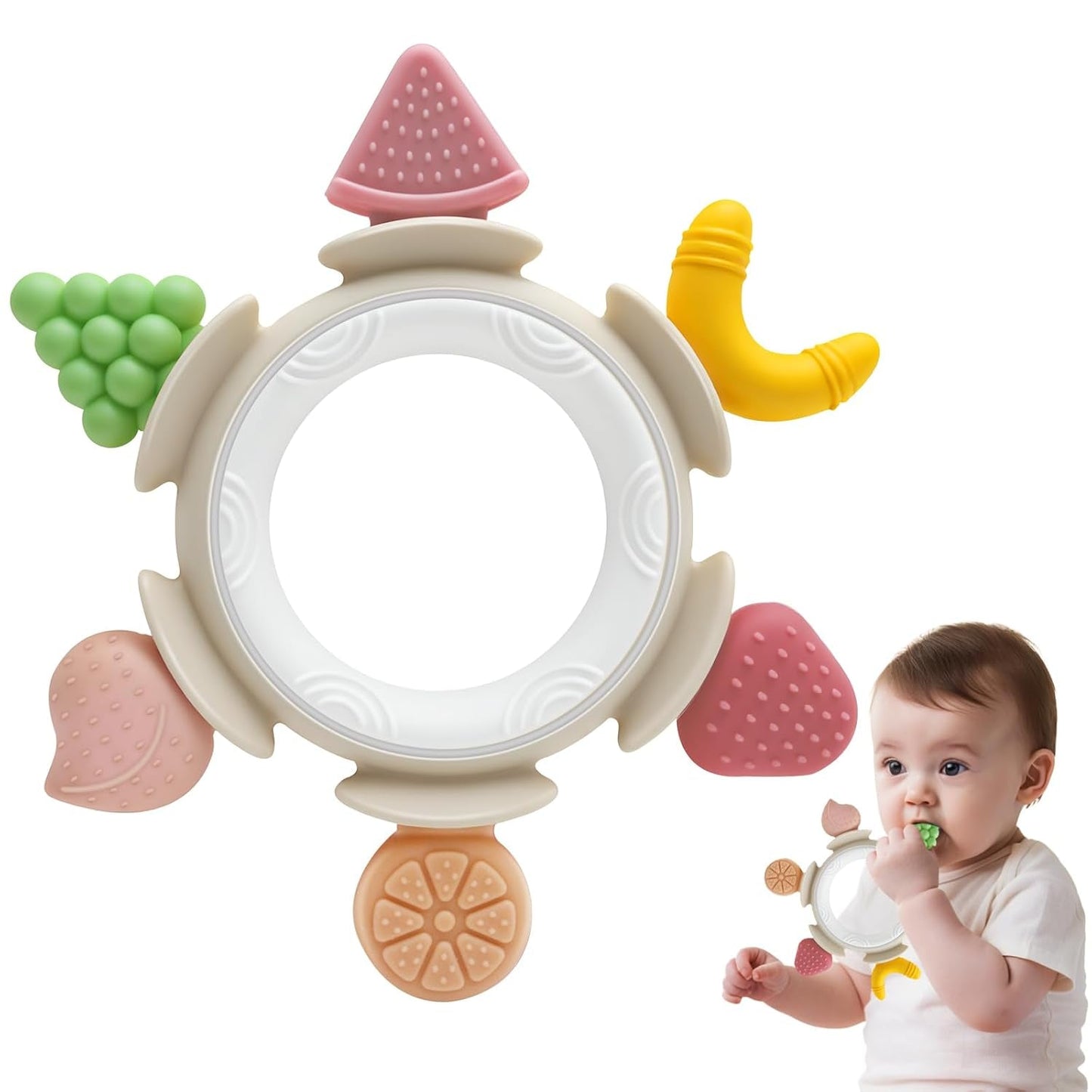 Anneau de dentition pour bébé, jouet sensoriel pour 0 3 6 7 8 9 10 12 mois, jouet d'aide à la dentition pour nouveau-nés de 3 6 12 18 mois, garçons et filles, cadeaux de Pâques pour fête prénatale marron