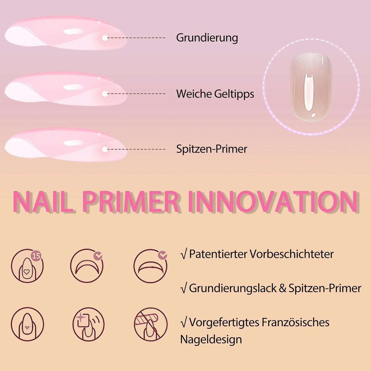 Lot de faux ongles – 240 pièces courtes et carrées, modèle en gel souple, dégradé de blanc nu, colle naturelle sur faux ongles pour femme, à faire soi-même (dégradé nu, 240X)