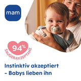 Sucettes MAM Original, paquet de 2, sucettes pour bébé respectueuses des dents, fabriquées à partir de matériaux durables et biorégénérables, tétines en silicone MAM SkinSoft, avec boîte à tétines, 6-16 mois, loup/lapin