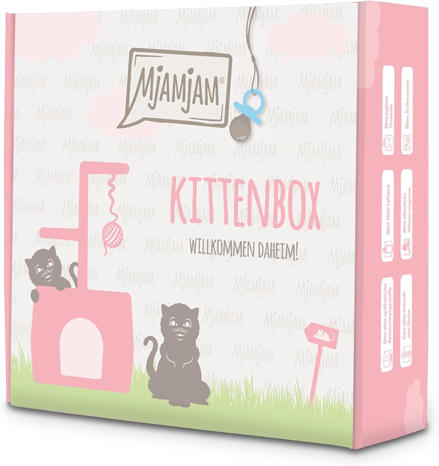 MjAMjAM - Nourriture humide premium pour chat - Boîte pour chaton - 3x poulet à l'huile de saumon et 3x huile de saumon veau, sac de nourriture, stylo, couvercle de boîte, paquet de 6 (6 x 200 g)