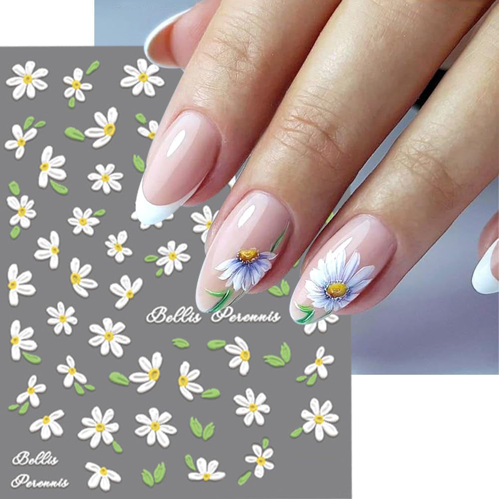 Autocollants pour ongles en forme de marguerites blanches en relief 5D, autocollants pour ongles, feuilles de fleurs, autocollants pour Nail Art, accessoires de décoration d'ongles, autocollants de conception de fleurs, Nail Art