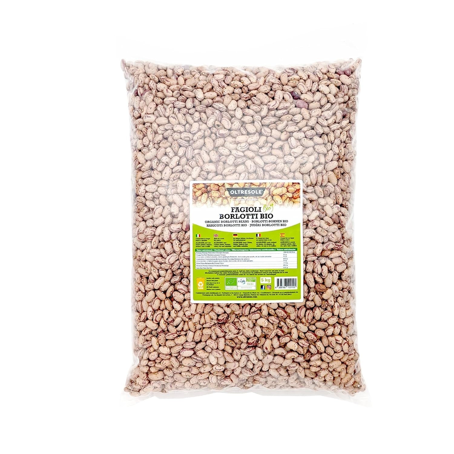 Haricots Borlotti biologiques 5 kg, Légumineuses séchées biologiques issues de cultures contrôlées, Idéales pour les salades, soupes et accompagnements, Format pratique
