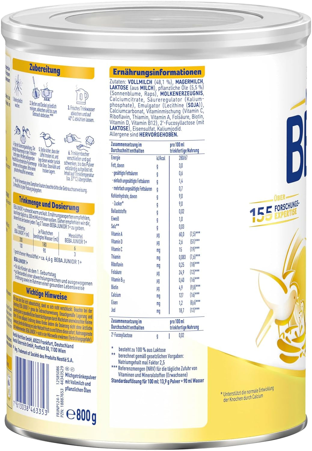 Boisson lactée BEBA Junior 1+ à partir de 1 an, Avec HMO, Teneur en protéines adaptée à l'âge, Lactose uniquement, Sans huile de palme, Sans huile de poisson, Aliments pour tout-petits, Lait en poudre pour bébé, Lot de 6 (6 x 800 g)