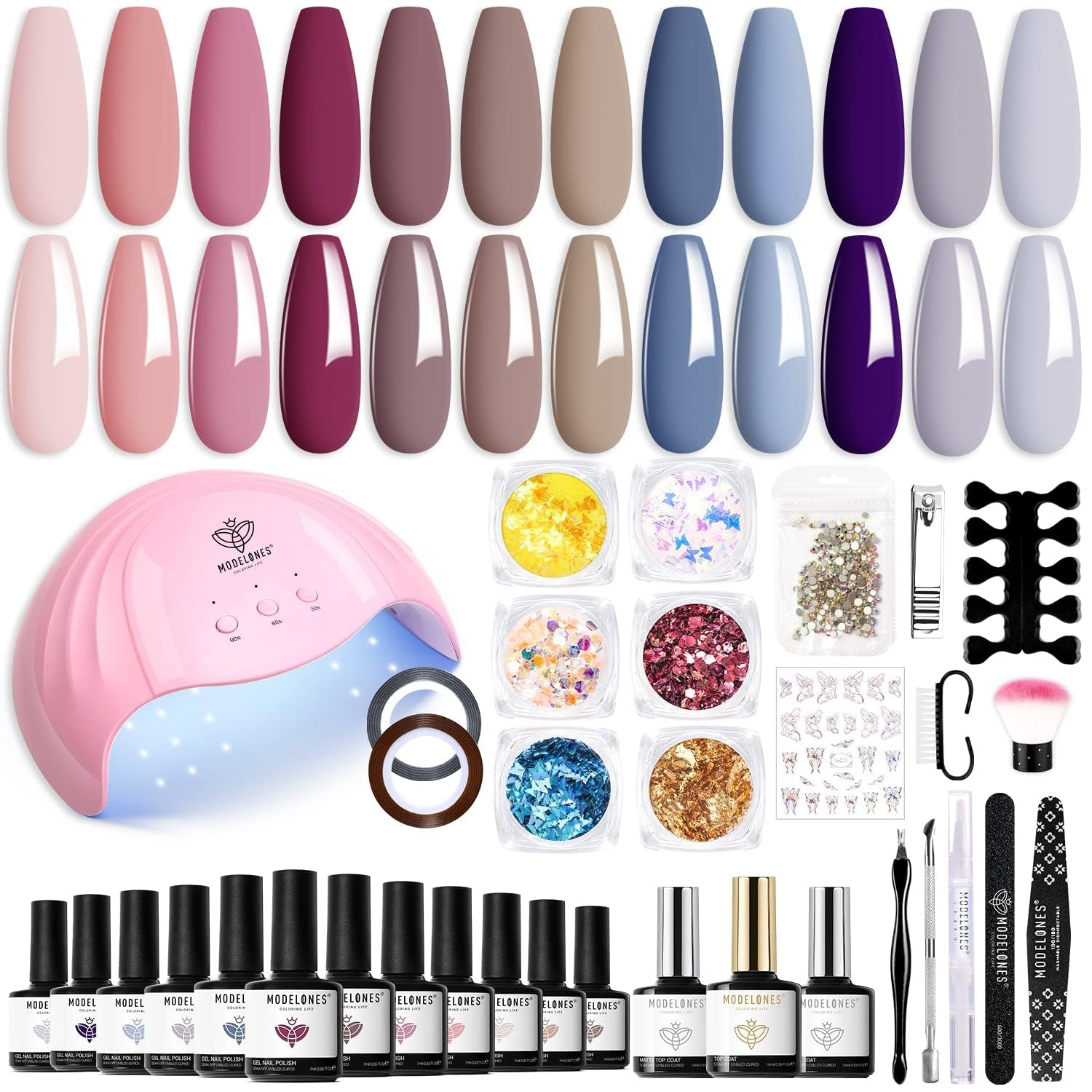 Modelones Ensemble de Vernis à Ongles Gel 35 Pièces, Ensemble de Vernis à Ongles UV avec Lampe 48W, Ensemble de Vernis à Ongles Gel Nude Marron Blanc Rose, Ensemble de Vernis à Ongles Gel UV avec Top Coat Base Nail Studio Set