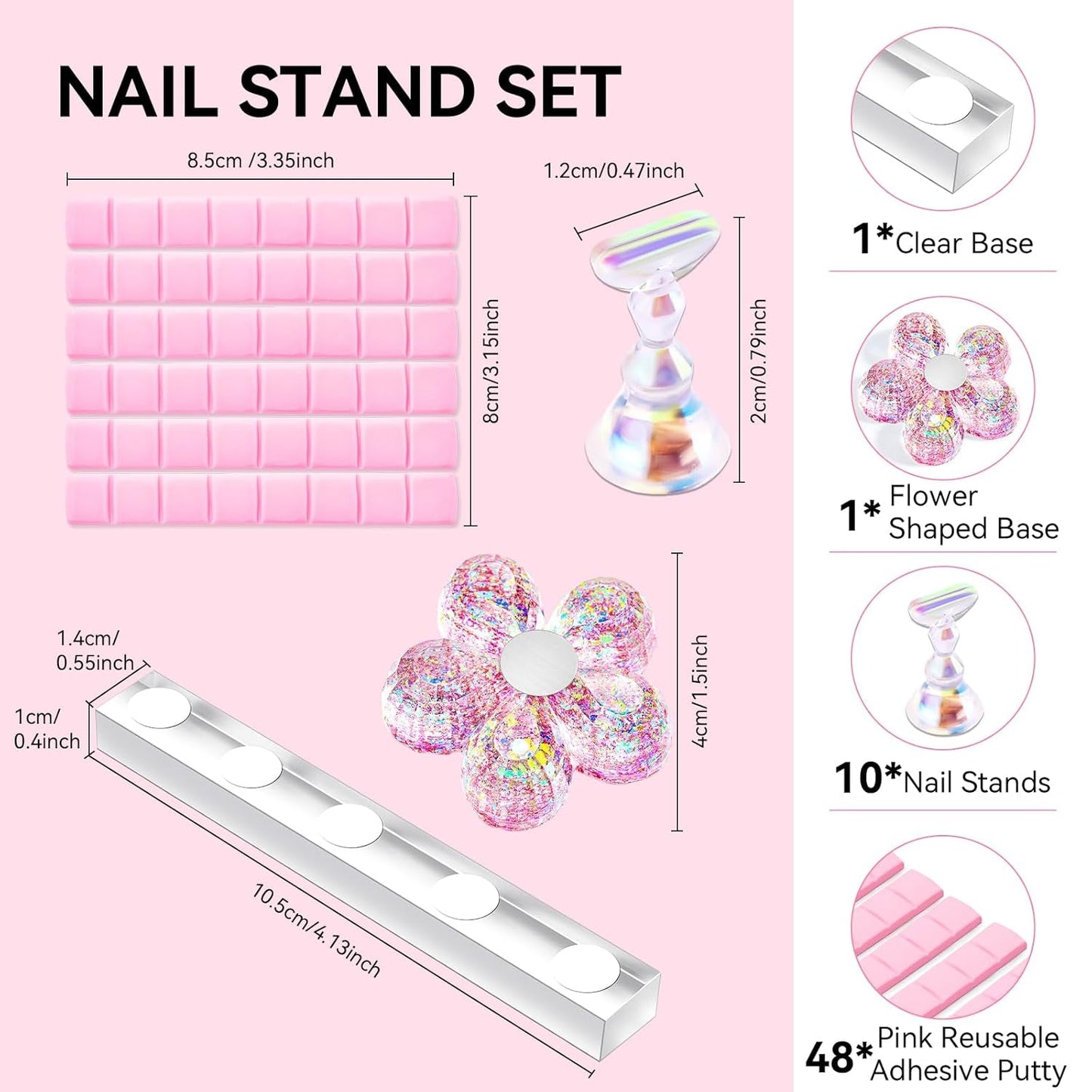 Makartt Porte-ongles en acrylique, Porte-ongles magnétique, Porte-ongles, Porte-ongles rose transparent avec 48 mastics adhésifs