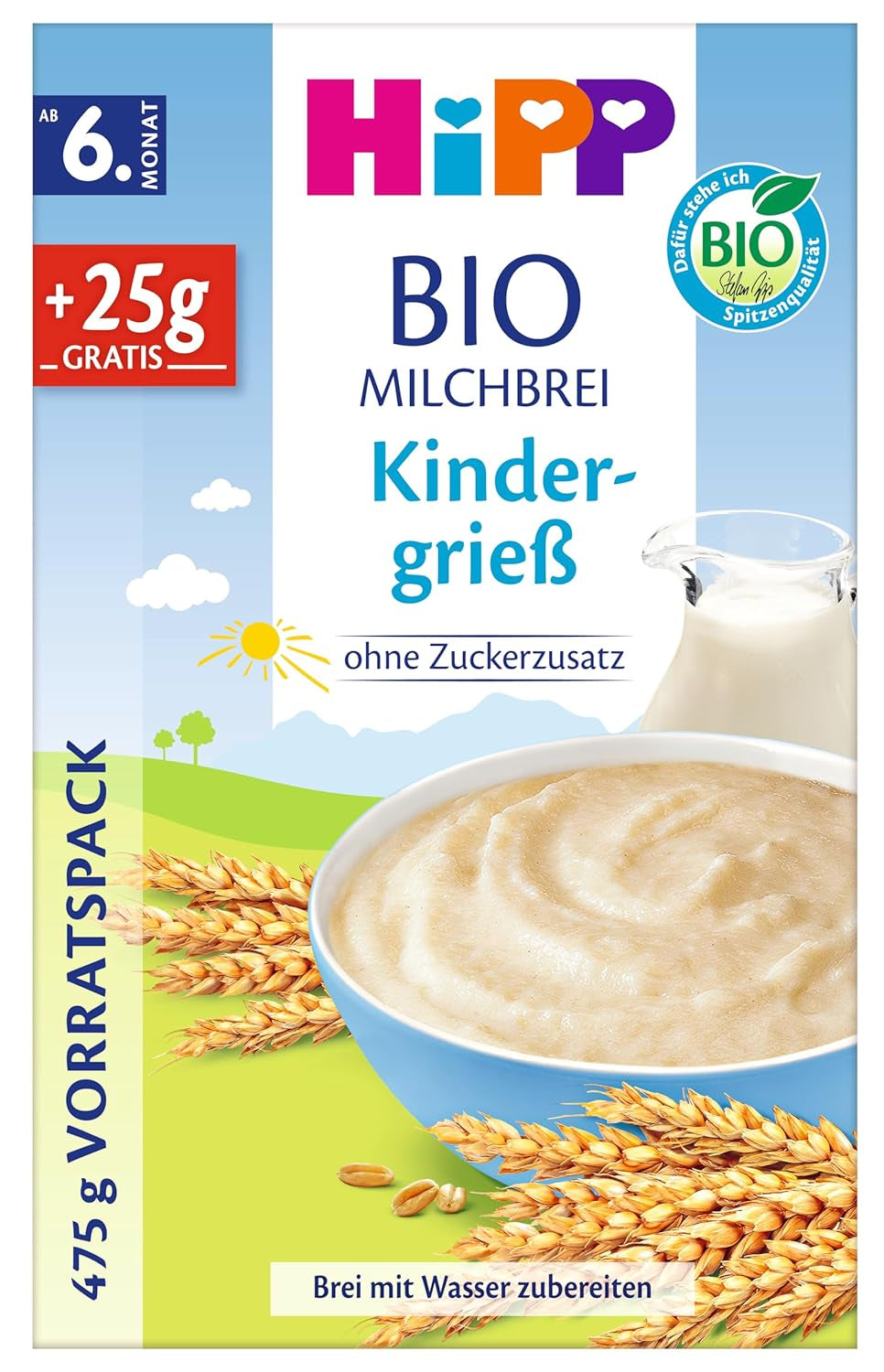 HiPP Bouillie de Lait Bio pour Bébés (4 x 475 g), à partir de 6 mois, sans sucre ajouté, doux pour le ventre de bébé, meilleure qualité bio