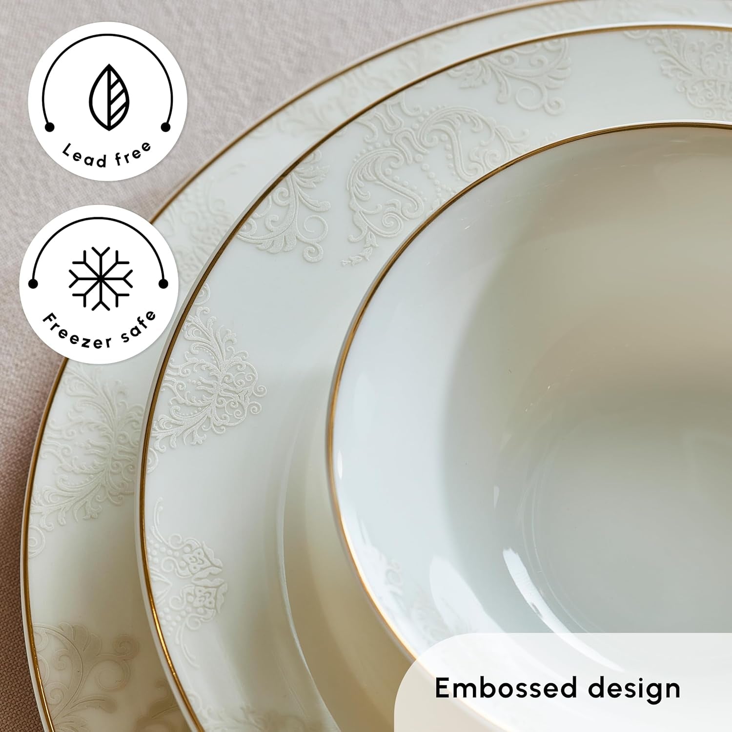 Karaca Elegance Bone Siena Service de table pour 12 personnes, service de table moderne en porcelaine, service de table avec bols à soupe, plateau de service, assiettes creuses, assiettes à dessert – Blanc et doré