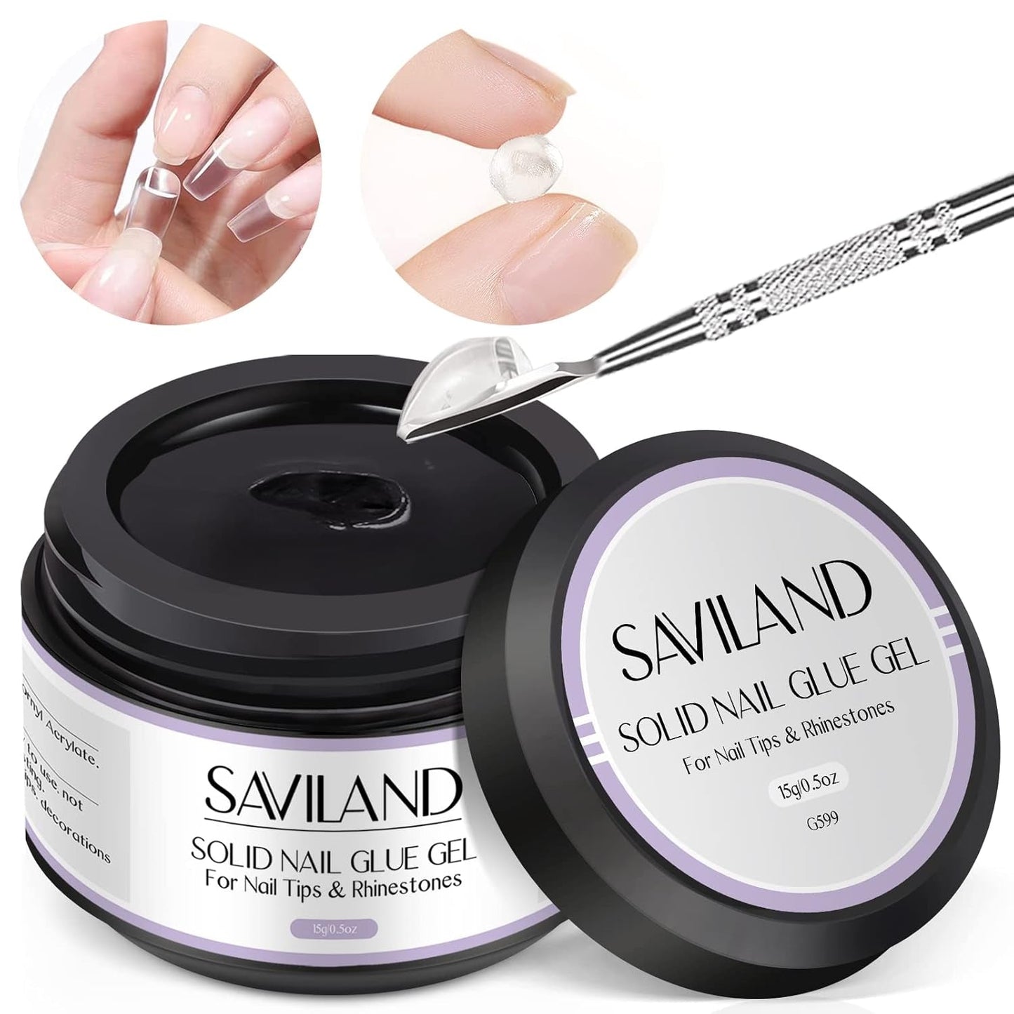 Saviland Colle solide pour pointes d'ongles : 2 pièces 15 g de colle artificielle extra forte à pression sur les ongles, colle UV gel pour femmes, salon de maison, bricolage, lampe UV/LED durcie