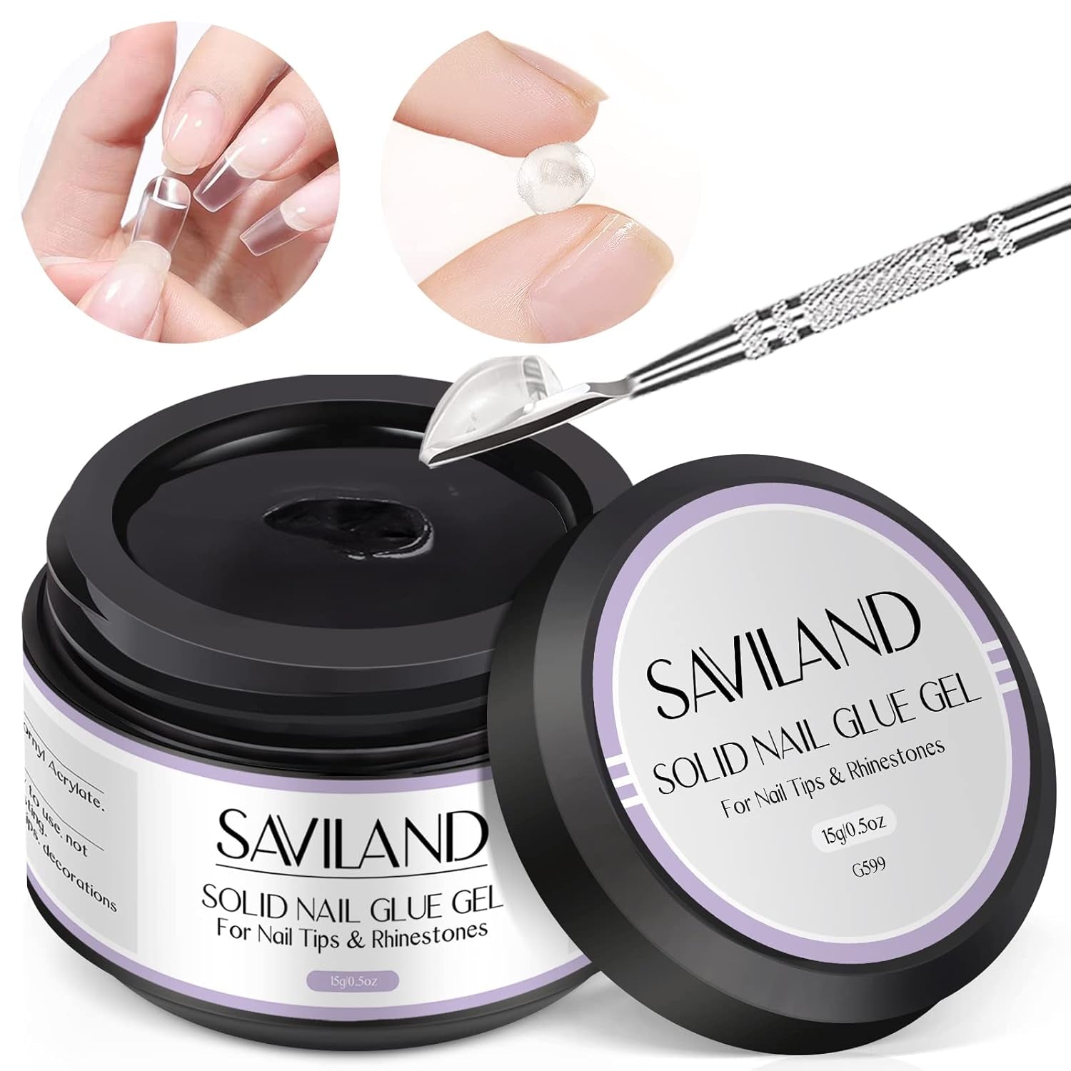 Saviland Colle solide pour pointes d'ongles : 2 pièces 15 g de colle artificielle extra forte à pression sur les ongles, colle UV gel pour femmes, salon de maison, bricolage, lampe UV/LED durcie