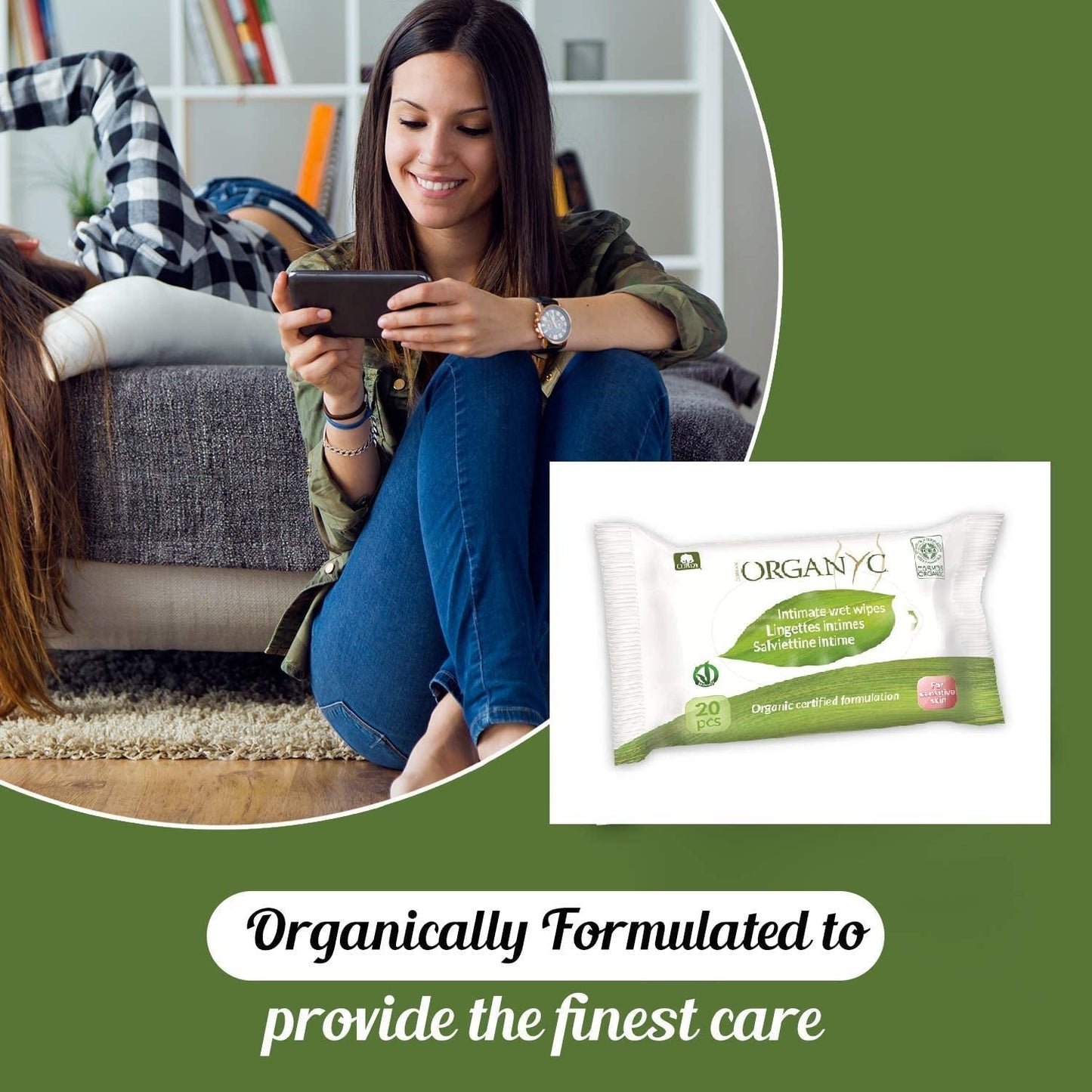 Lingettes intimes Organyc Moist, fabriquées à partir de coton biologique certifié à 100 % - 4 paquets de 20 lingettes (80 lingettes au total)