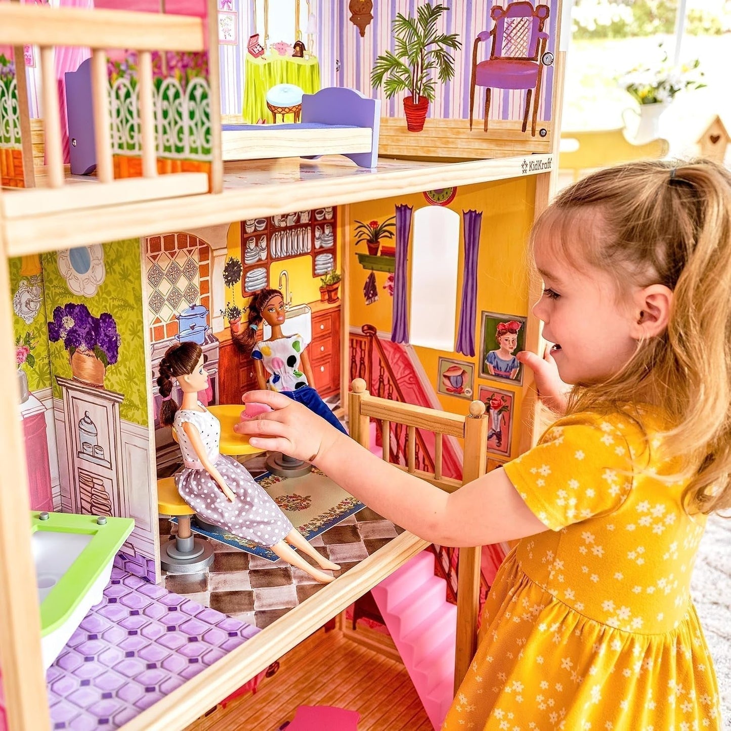 Kidkraft Kayla Maison de poupée en bois avec meubles et accessoires, ensemble de jeu à 3 niveaux pour poupées de 30 cm, jouet pour 3 ans, 65092 - Exclusivement sur Amazon Dollhouses Naty Shop