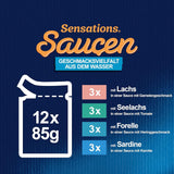 Felix Sensations Sauces Nourriture humide pour chat, mélange de poissons assortis, paquet de 6 (6 x 12 sachets de 85 g chacun)