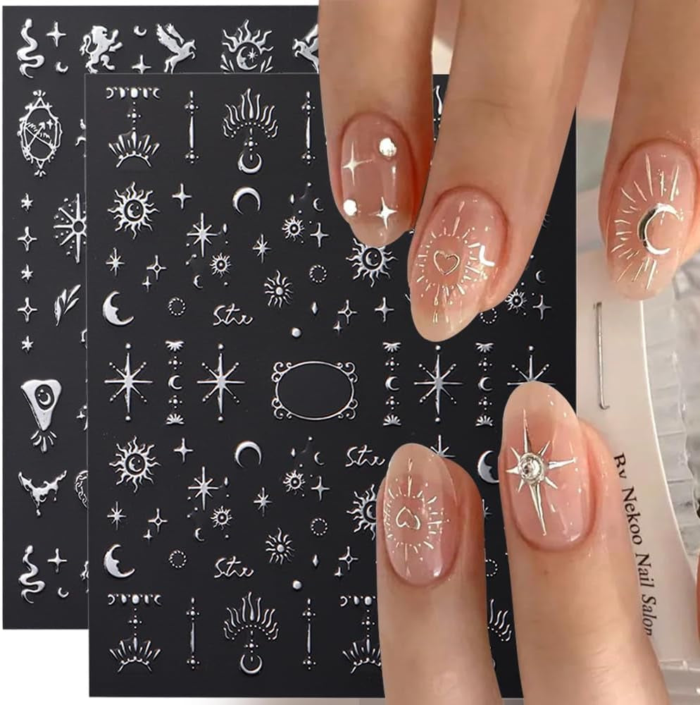 Autocollants d'ongles métalliques argentés 3D, autocollants d'ongles pour femmes, étoile, lune, soleil, feuille d'ongles, autocollants auto-adhésifs, autocollants d'ongles papillon, autocollants d'ongles, accessoires de conception d'ongles, 8 pièces