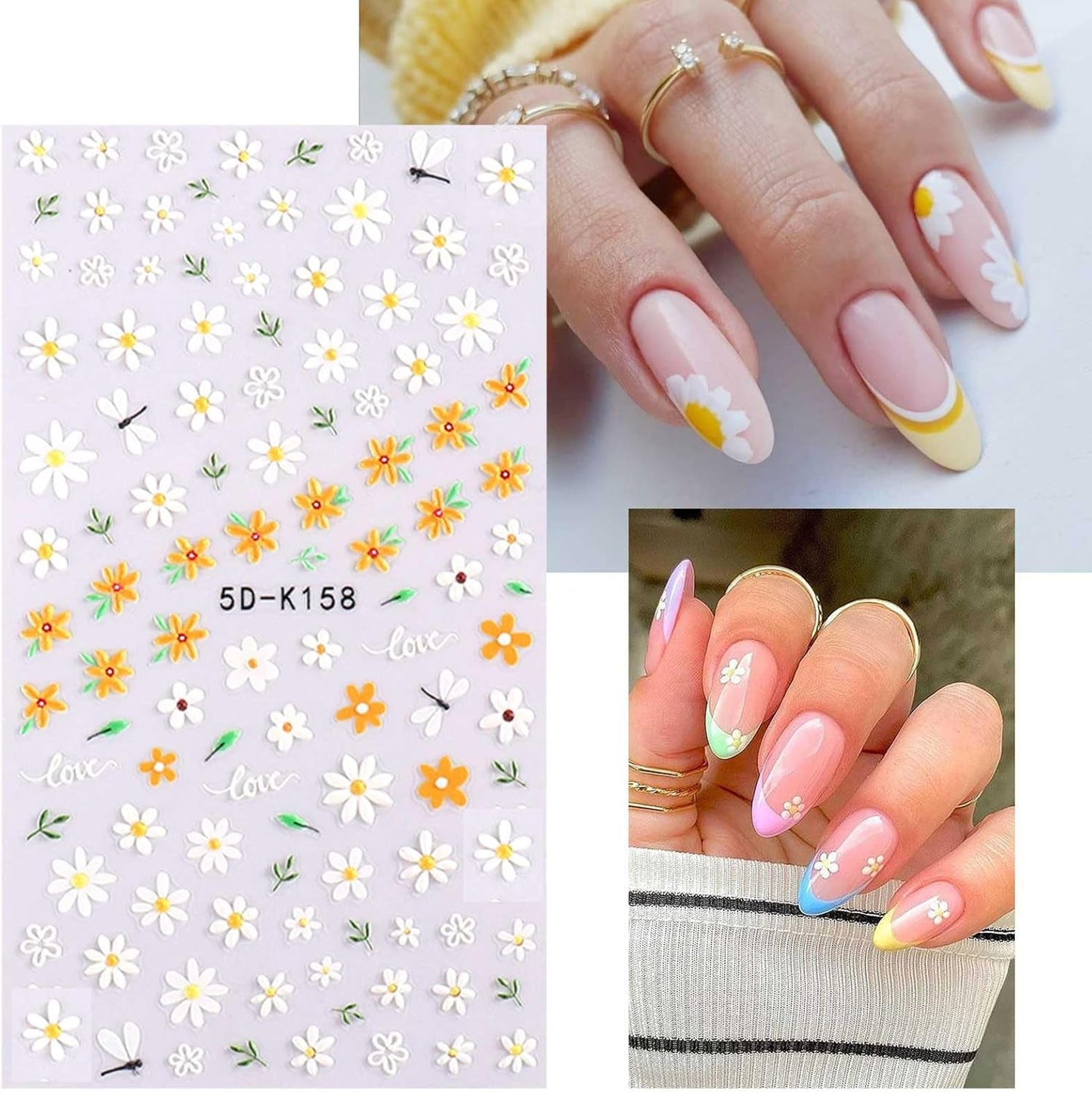 JMEOWIO 3D Nagelsticker Frühling Blumen 5 Blatt Nagelaufkleber 5D Stereoskopisch Selbstklebend Bunte Blüte Nail Art Sticker Décoration Nageldesign Zubehör