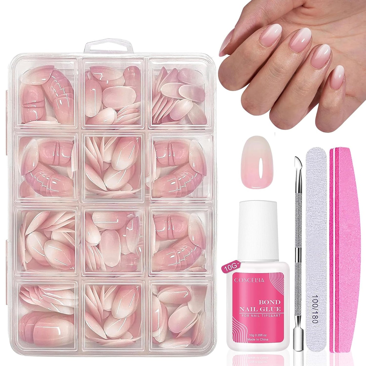 Ensemble de faux ongles – 240 pièces de faux ongles français à coller – Rose blanc dégradé design ongles artificiels couverture complète en gel doux naturel et confortable à porter (rose amande)