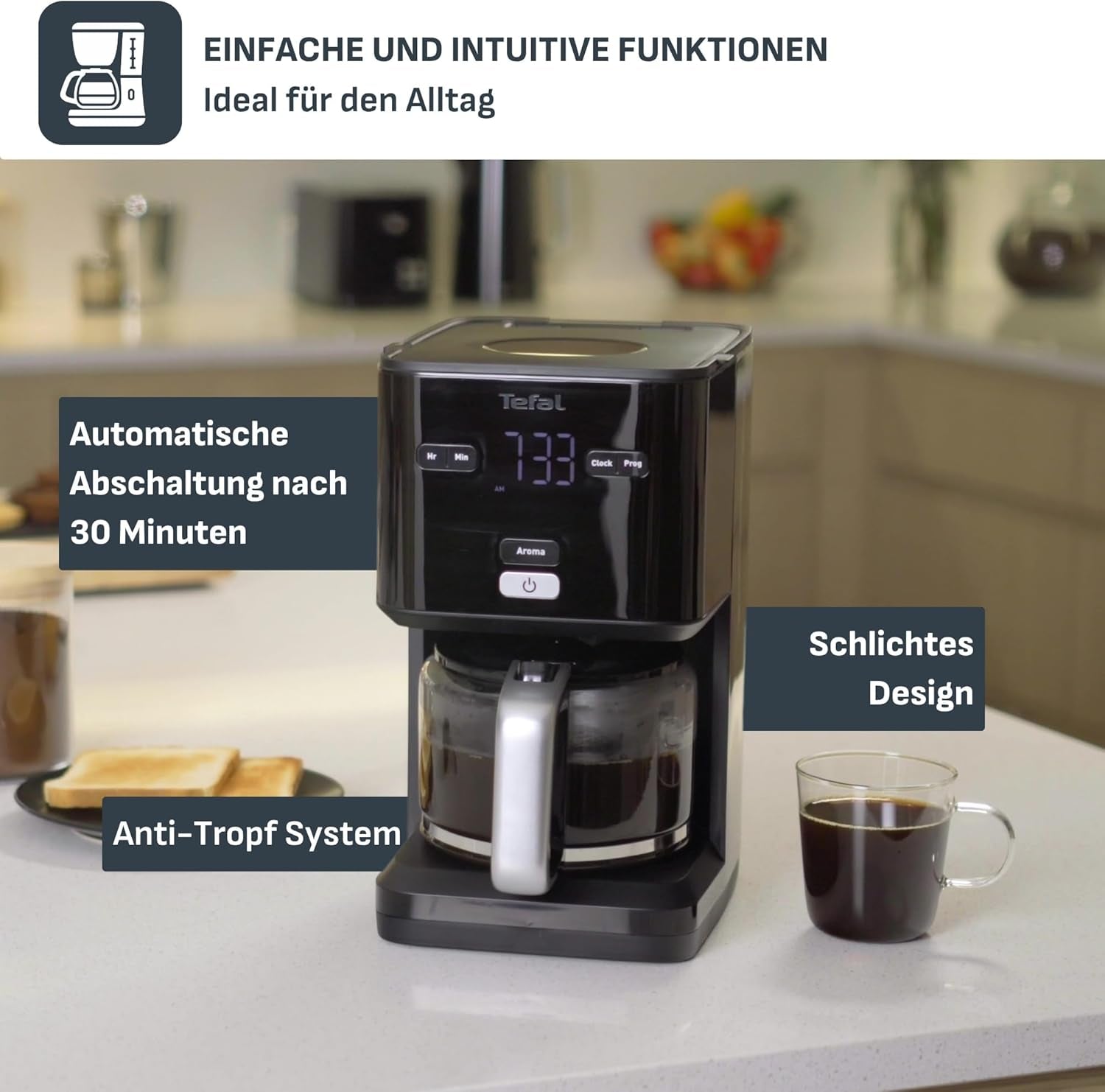 Tefal Smart'n Light Machine à Expresso avec Minuterie, Machine à Expresso avec Filtre Programmable 1,25 L, Fonction Aroma pour un Arôme Intense, Fonction Maintien au Chaud, Anti-Goutte et Facile à Nettoyer, Noir