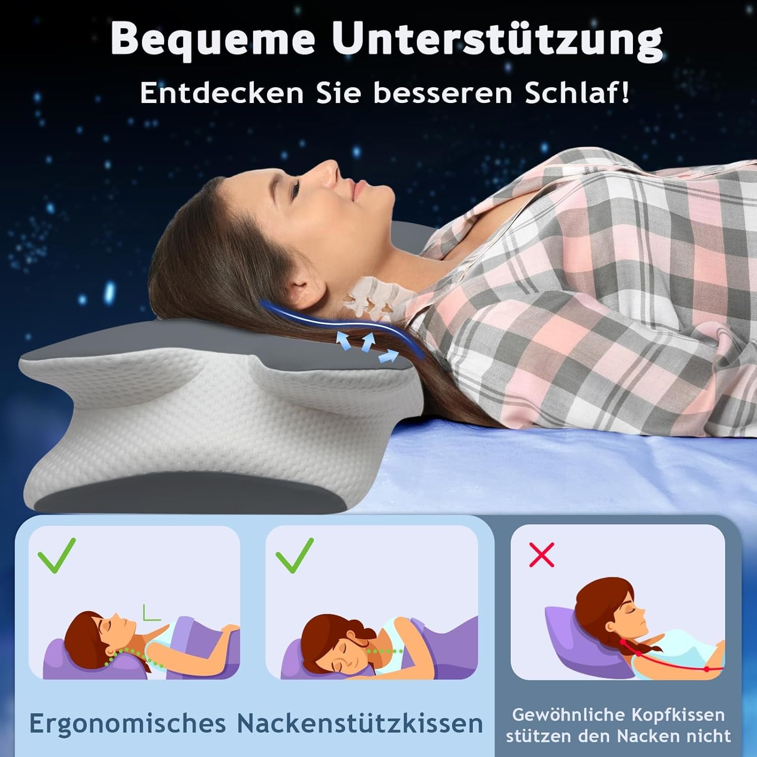 Oreiller orthopédique en mousse à mémoire de forme - Design ergonomique - Forme creuse pour dormeurs sur le côté, le dos et le ventre - Oreillers orthopédiques cervicaux gris Naty Shop