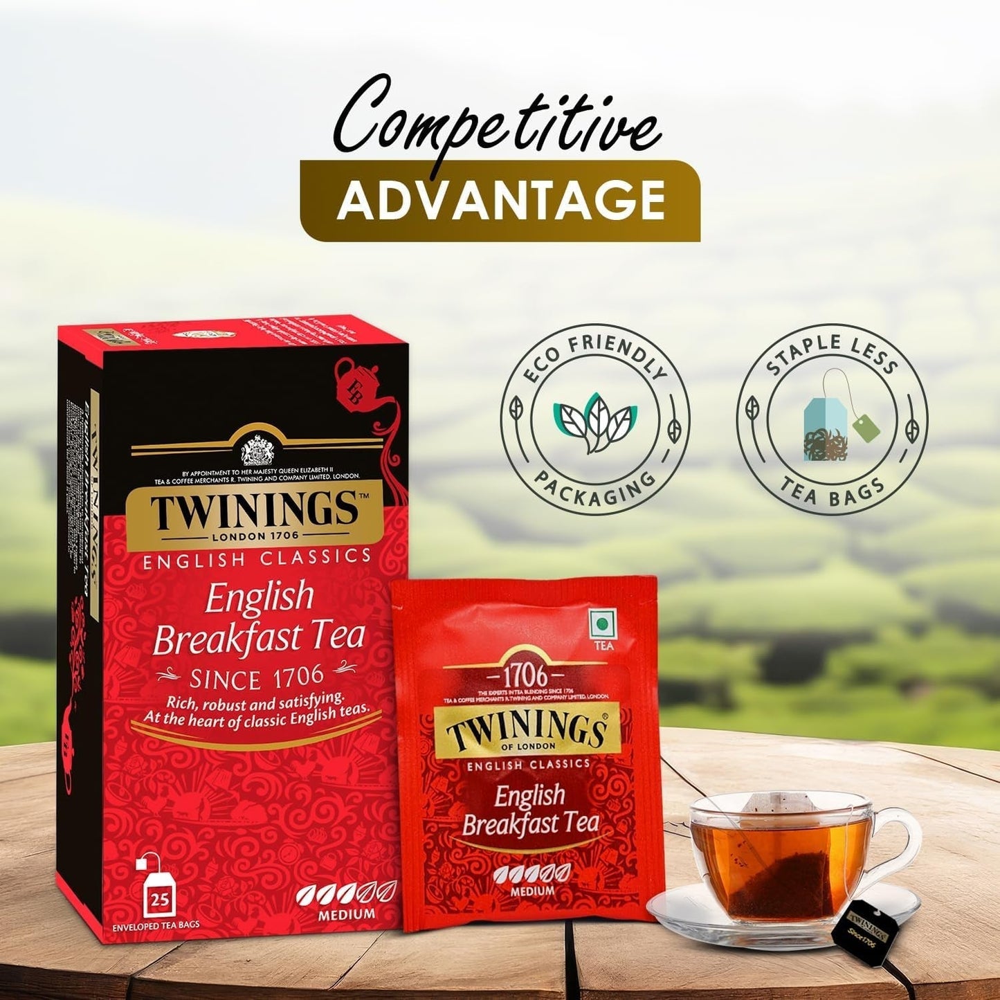 Thé Noir Twinings English Breakfast 50 g, 25 sachets de thé, thé noir ample, rond et fort issu des meilleures plantations de thé du Sri Lanka et d'Inde. Thé noir Paquet de 1 (1 x 50 g)