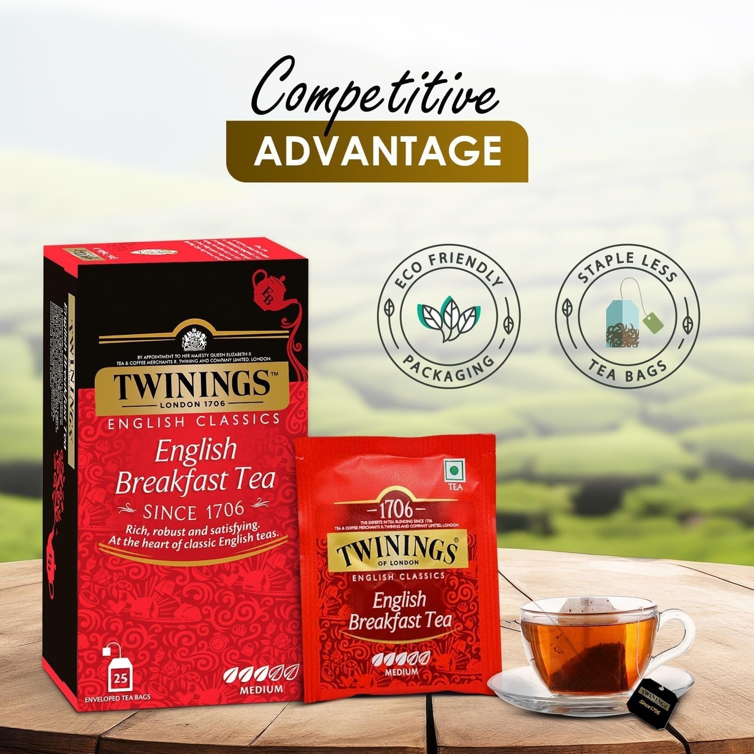 Thé Noir Twinings English Breakfast 50 g, 25 sachets de thé, thé noir ample, rond et fort issu des meilleures plantations de thé du Sri Lanka et d'Inde. Thé noir Paquet de 1 (1 x 50 g)