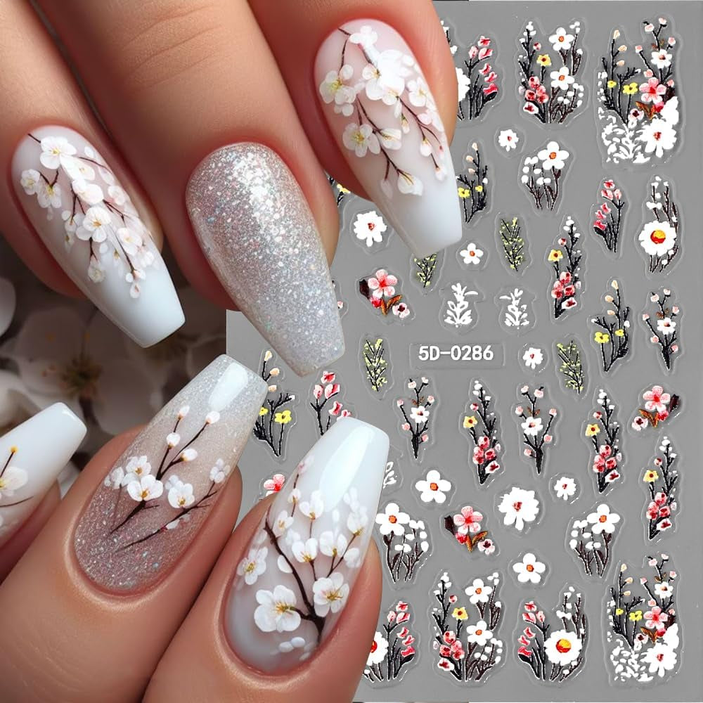 Autocollants pour ongles fleur de prunier, autocollants pour ongles fleur rose blanche, autocollants pour ongles fleur en relief, autocollants pour ongles fleur printemps été, dessins d'ongles, accessoires pour ongles, art des ongles