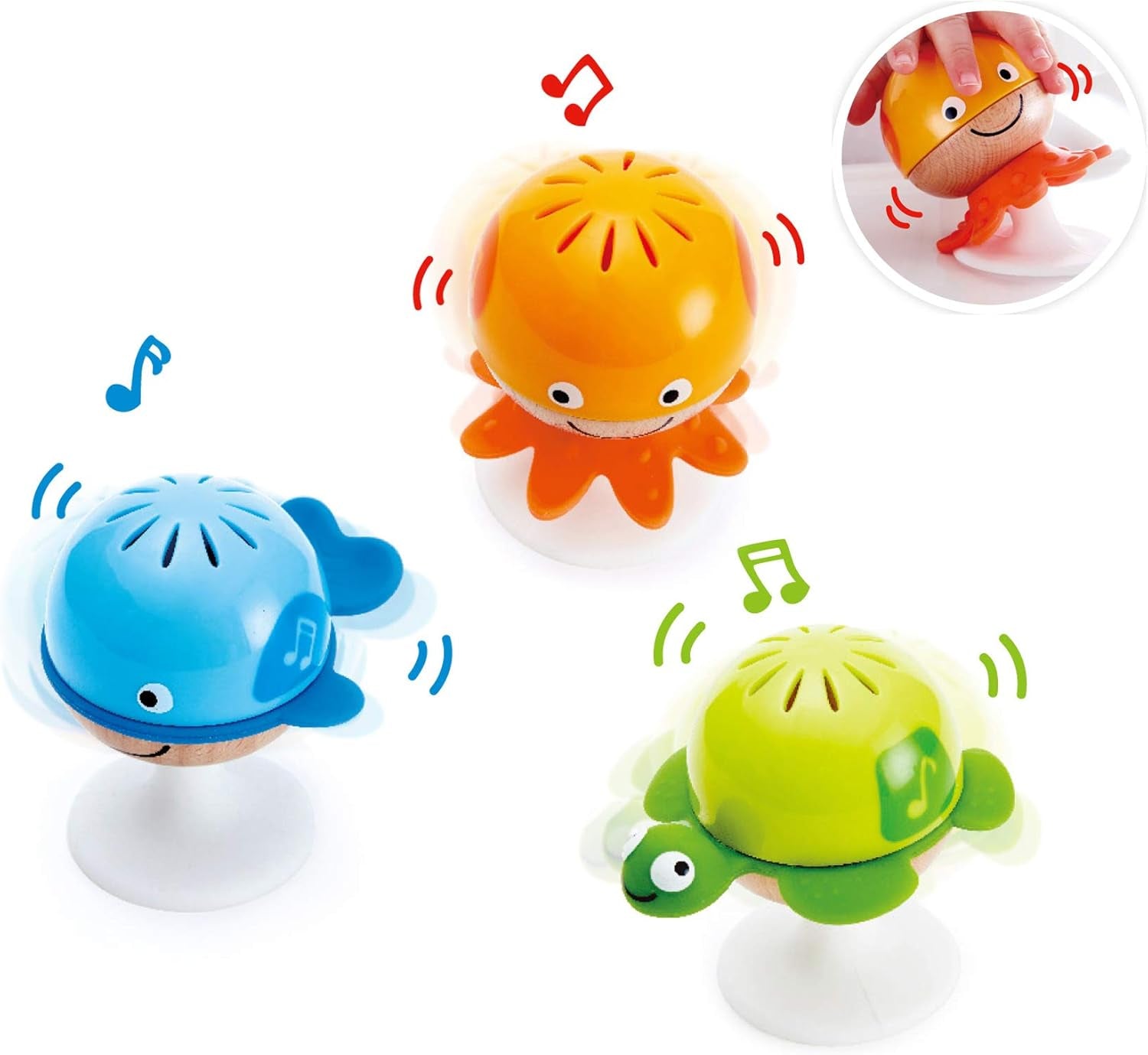 Ensemble hochet avec ventouse Hape | Trois animaux avec éléments d'anneau de dentition, tortue, poulpe et baleine | Jouet d'apprentissage dès 0 mois Baby Toys Naty Shop Single