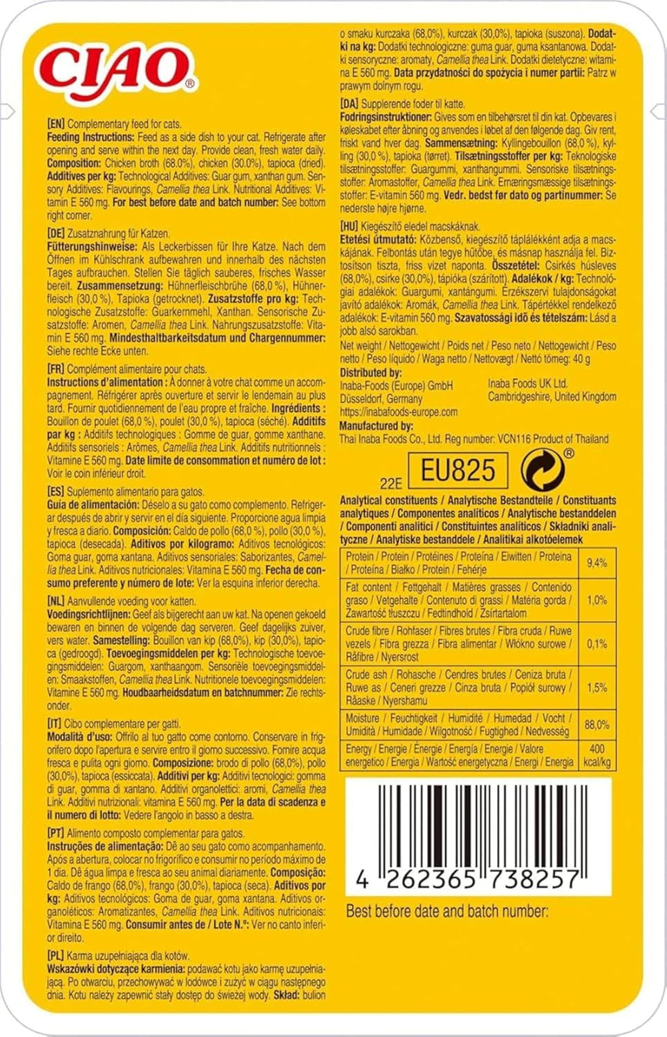 INABA Ciao Broth Nourriture humide pour chats 88% d'humidité et vitamine E, soupe premium pour chats au poulet 40g (paquet de 12), viande 100% naturelle, sans céréales, sans sucre