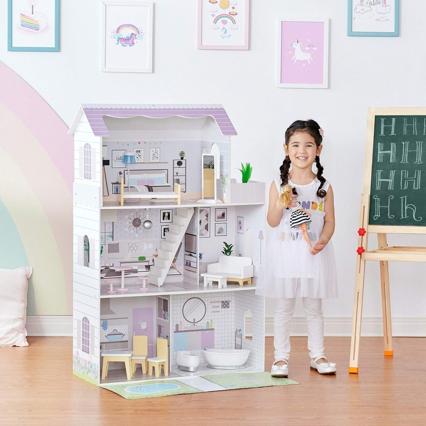 Teamson Kids Maison de poupée géante Olivias Little World avec 16 accessoires de poupée, maison de poupée en bois avec meubles, 3 étages, maison de poupée pour enfants pour poupées de 12 pouces/30 cm, à partir de 3 ans Naty Shop Doll Houses
